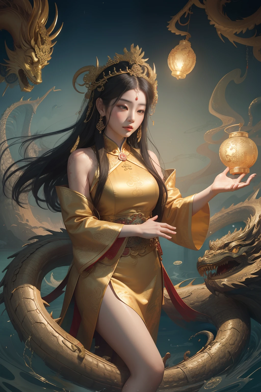 an oriental girl,Sharp features,Eyes closed, radiating a glow,A slight upward curve to the lips,Dragon Horn,Big breasts,long hair shawl,thin waist,Dressed in Tang Dynasty attire,A cave overflowing with treasures,Counting money while sitting