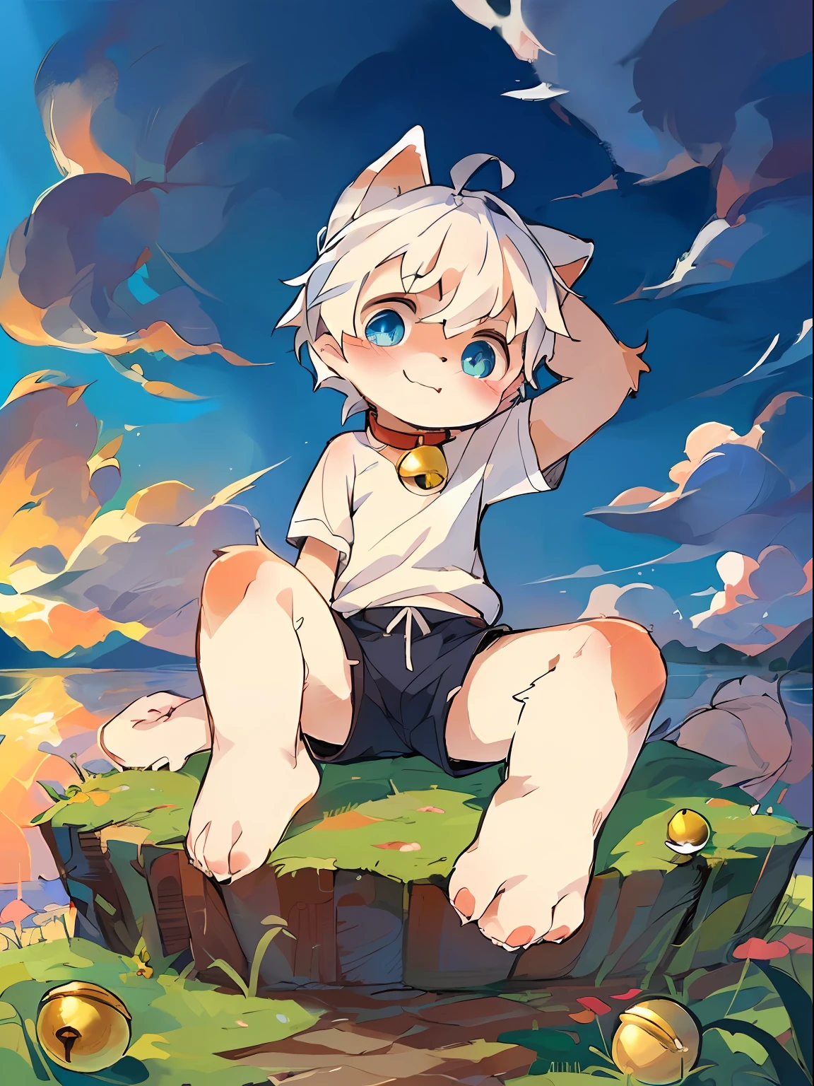 Masterpiece, high quality, absurd resolution, digital painting \ (artwork \), by dagasi, yupa, kiyosan, (fluffy fur, white fur, full body fur,), boys, blue eyes, white hair, shorts, bare feet, bright eyes, panorama, character focus. Detailed background, cloud background, dusk, sunset (bell, pet collar, white short sleeves: 1.2)