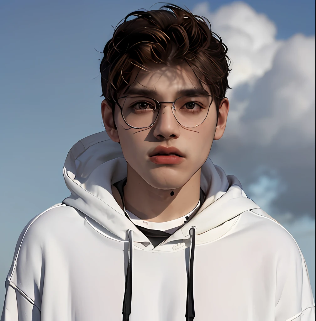 (masterpiece:1.2), (best quality:1.2), hyper realistic,highestres,absurdres,extremely detailed,volumetic,dramatic lighting,(frontal view),
20 year old boy,face,detailed eyes, white hoodie, black t-shirt, with background ((sky))