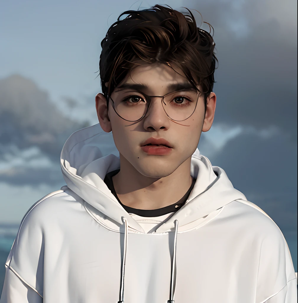 (masterpiece:1.2), (best quality:1.2), hyper realistic,highestres,absurdres,extremely detailed,volumetic,dramatic lighting,(frontal view),
20 year old boy,face,detailed eyes, white hoodie, black t-shirt, with background ((sky))