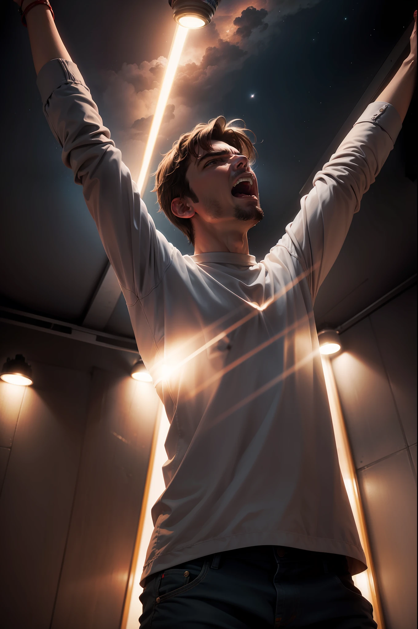 Man shouting with raised arms surrounded by atmosphere of can with lights