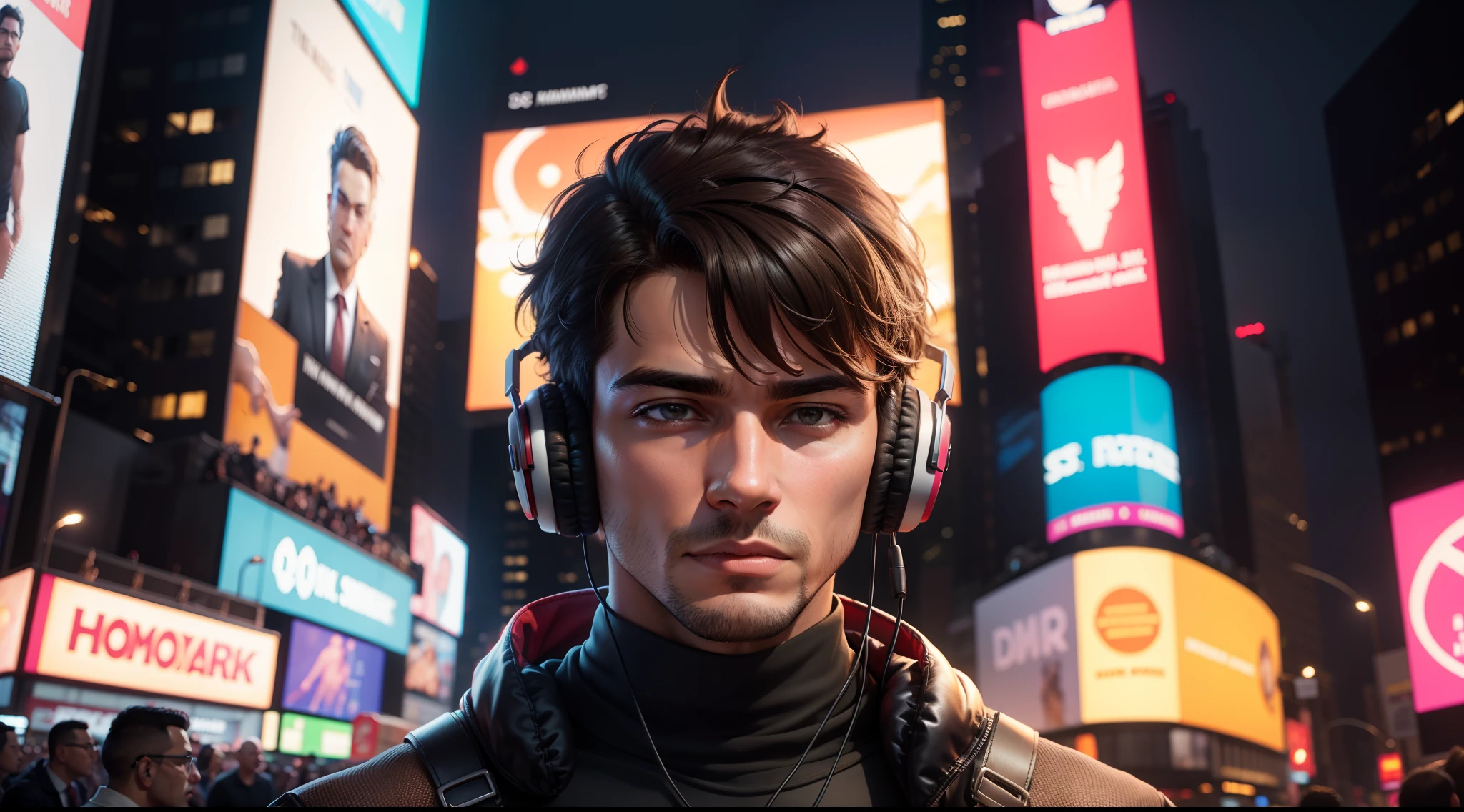 homem em times square, com headphones 8k