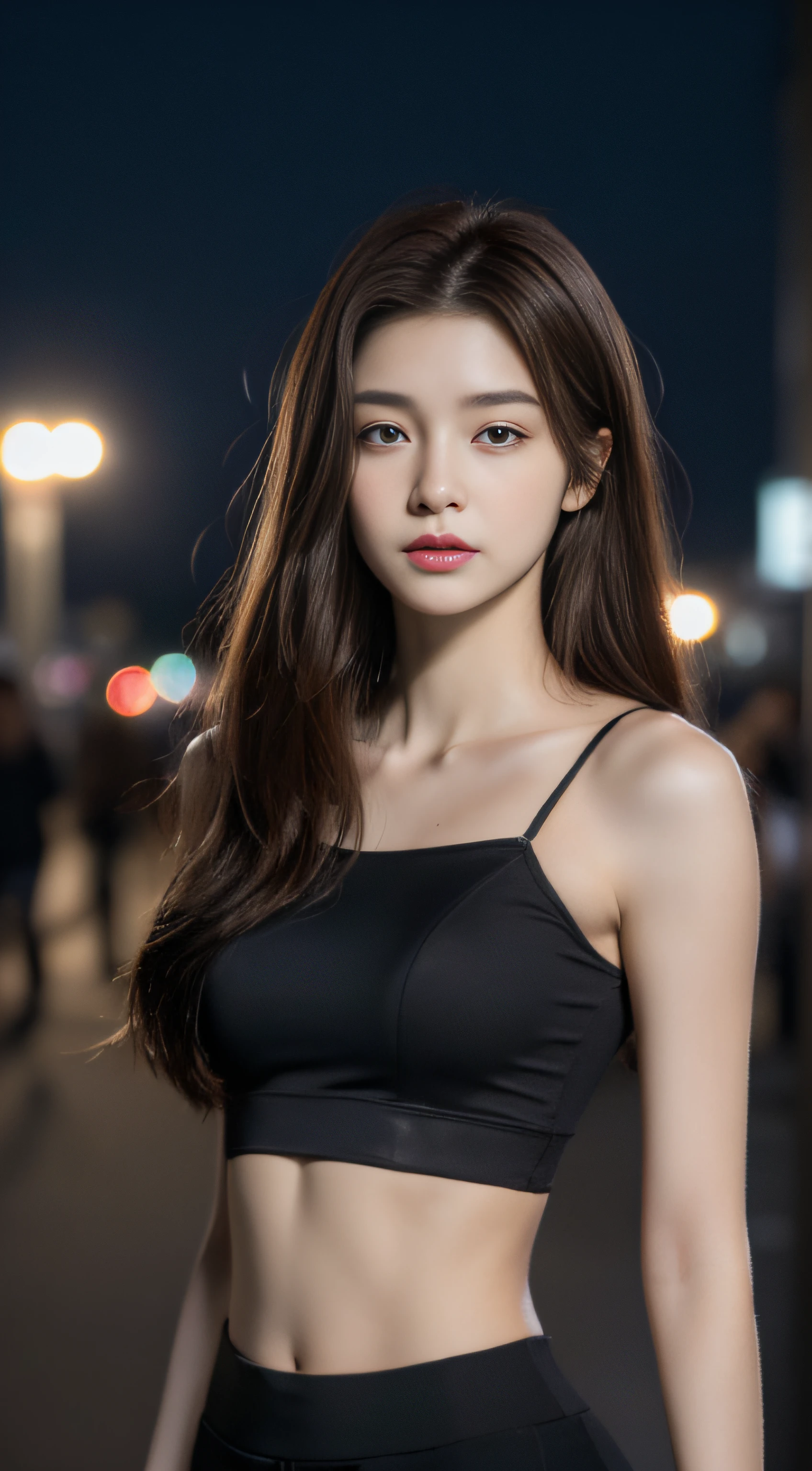 ((Realistic lighting, Best quality, 8K, Masterpiece: 1.3)), Clear focus: 1.2, 1girl, Perfect Figure: 1.4, Slim Abs: 1.1, ((Dark brown hair)), (Bare midriff: 1.4), (Outdoor, Night: 1.1), City streets, Super fine face, Fine eyes, Double eyelids,