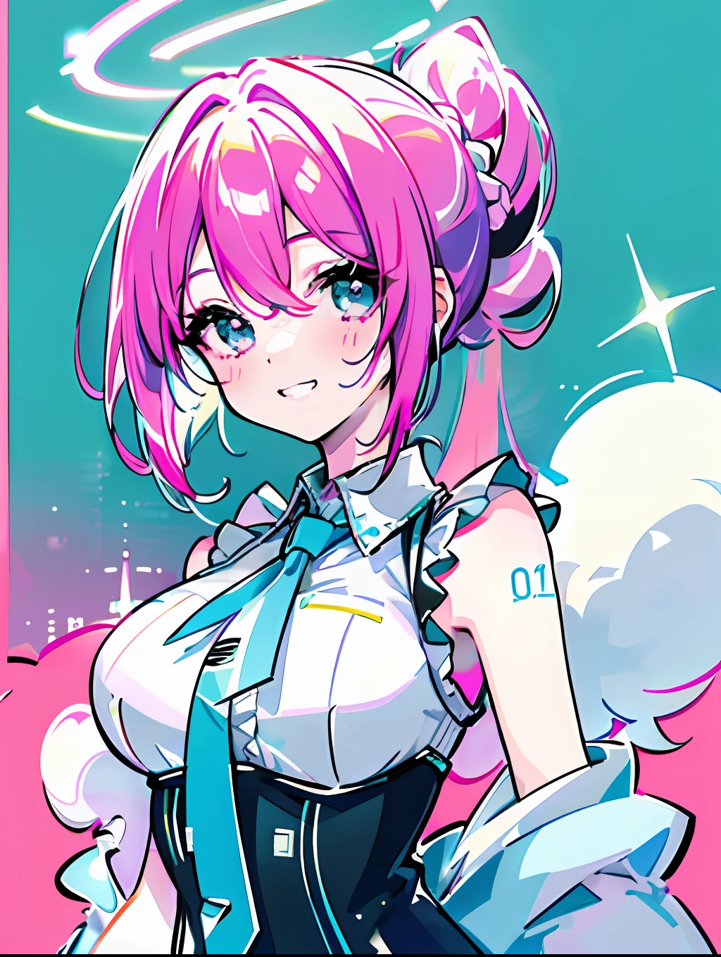 (Masterpiece), (Best quality),(updo),1girll,Upper body,Blush,grin,cheerfulness,Backlight, lam_Style, Colorful_Hair, Facial_Mark, neonlight_Color Palette, Os amigos,Big breasts Hatsune Miku,halftone,updo,updo,Non-double ponytail