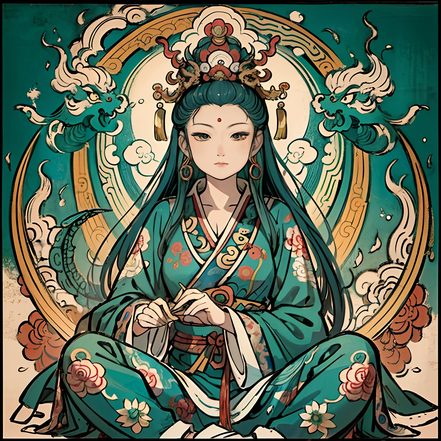 an ancient Chinese goddess, guanyin of the southern seas, Guanyin, Inspired by India, Avalokiteshvara Bodhisattva Dragon,,Serene expression,shui mo hua,Buddha,Buddhist,Lotus,Chinese painting style,Thangka style