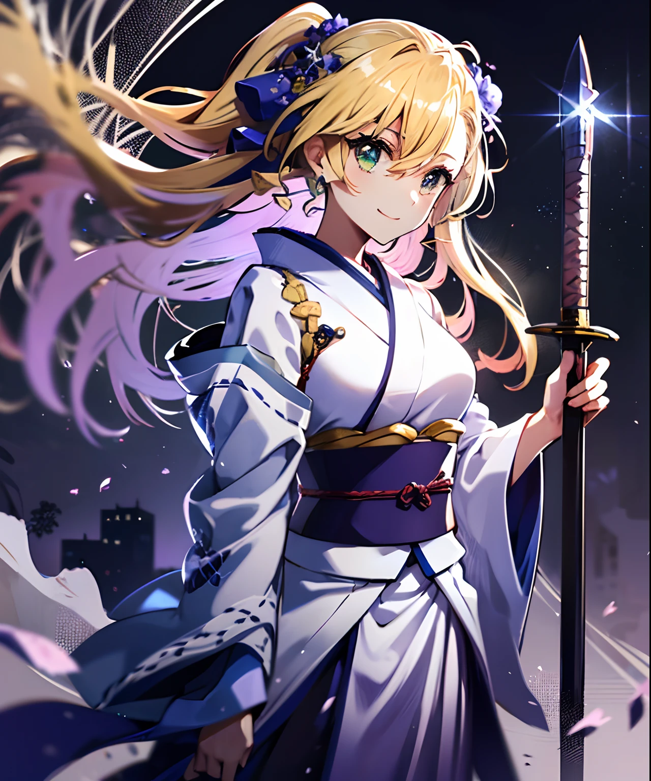 (((​masterpiece)))、(((top-quality)))、((ultra-detailliert))、1girl in、A smile、The long-haired、Light purple hair、strong breeze、In nature、Holding a sword in his hand、Kimono、Longsword、battle field、Star chips、overlord、Strong