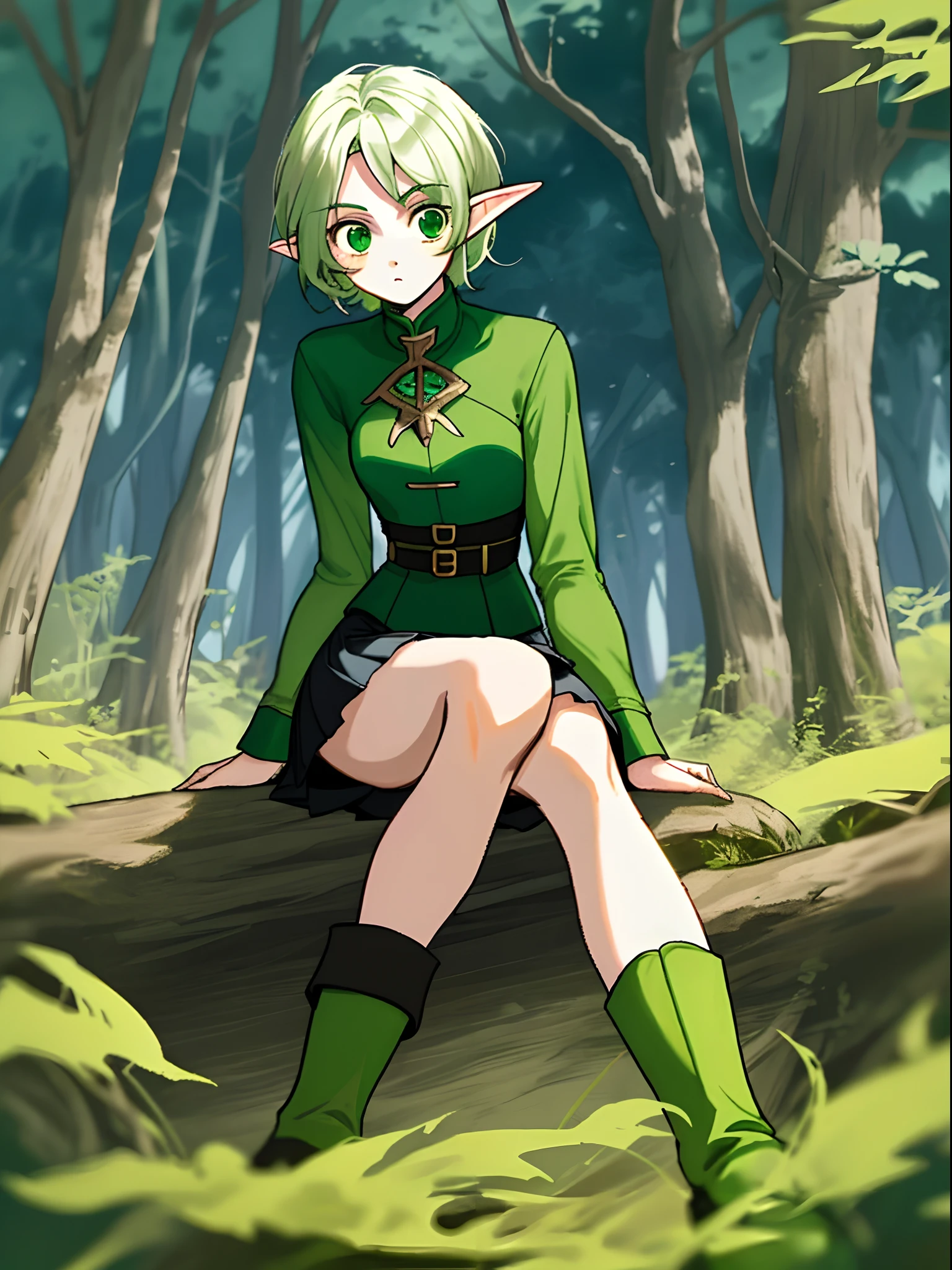 Western Phantom Elves(female pervert),One guy,Beth,Sitting,Green boots,green-shirt,Green and white want to add a short skirt,No underskirt,Delicate facial features,eighteen years old,Green forest in background