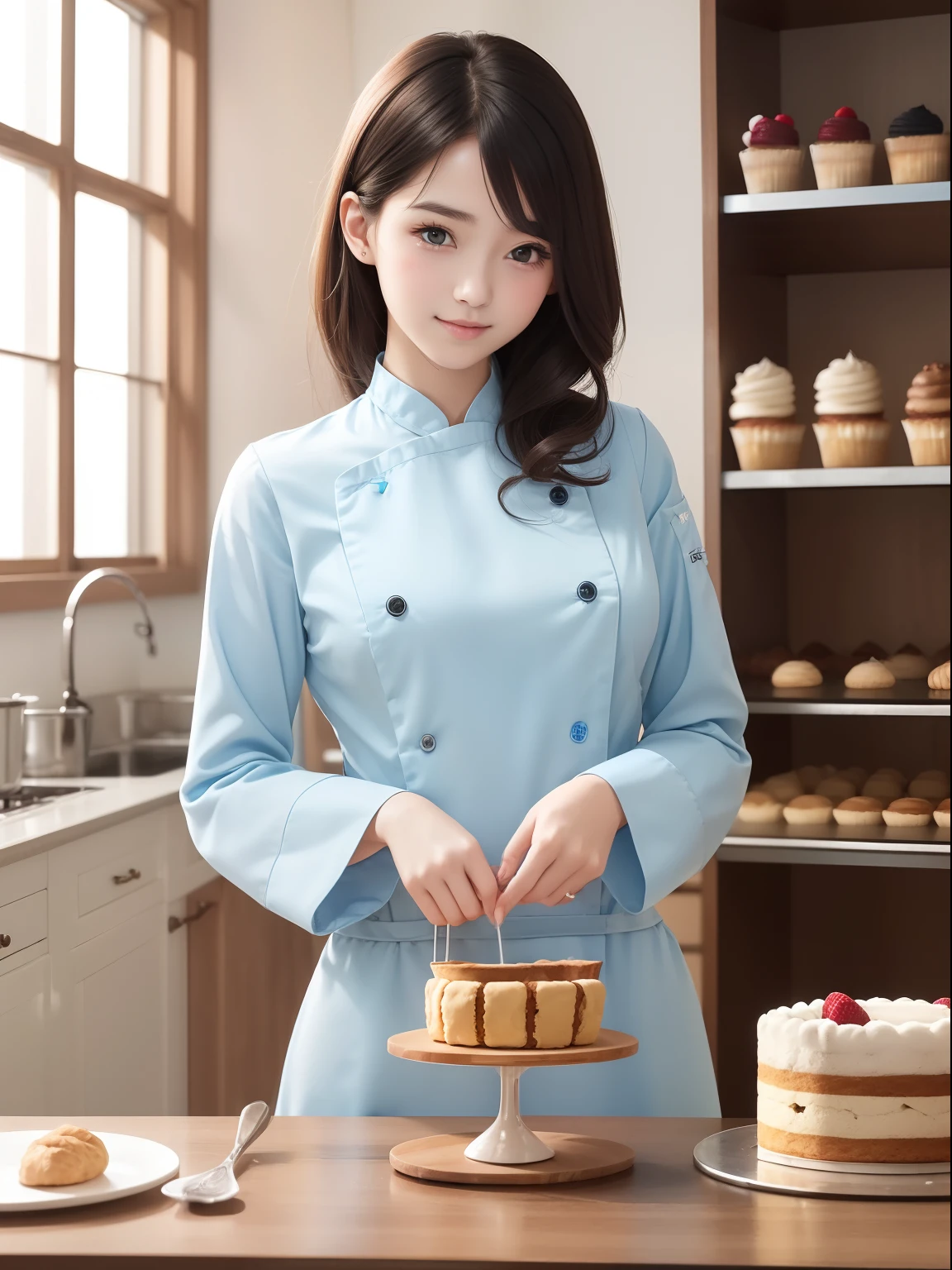 masuter piece, best qualtiy, ((Real Model Shots)), 8K picture quality, ((1 persons)), extremely delicate and beautiful, magnifica, Official art with attention to detail, (Cute girl at 18 years old), (Petite and pretty girl), (japanese beauty girl), ((Perfect female figure)), large full breasts, Slim waist, big butts, Black hair, (((Cute light blue long sleeve pastry chef clothes))), Cooking clothes, Whole cakes, atelier, Cake shop, ssmile,