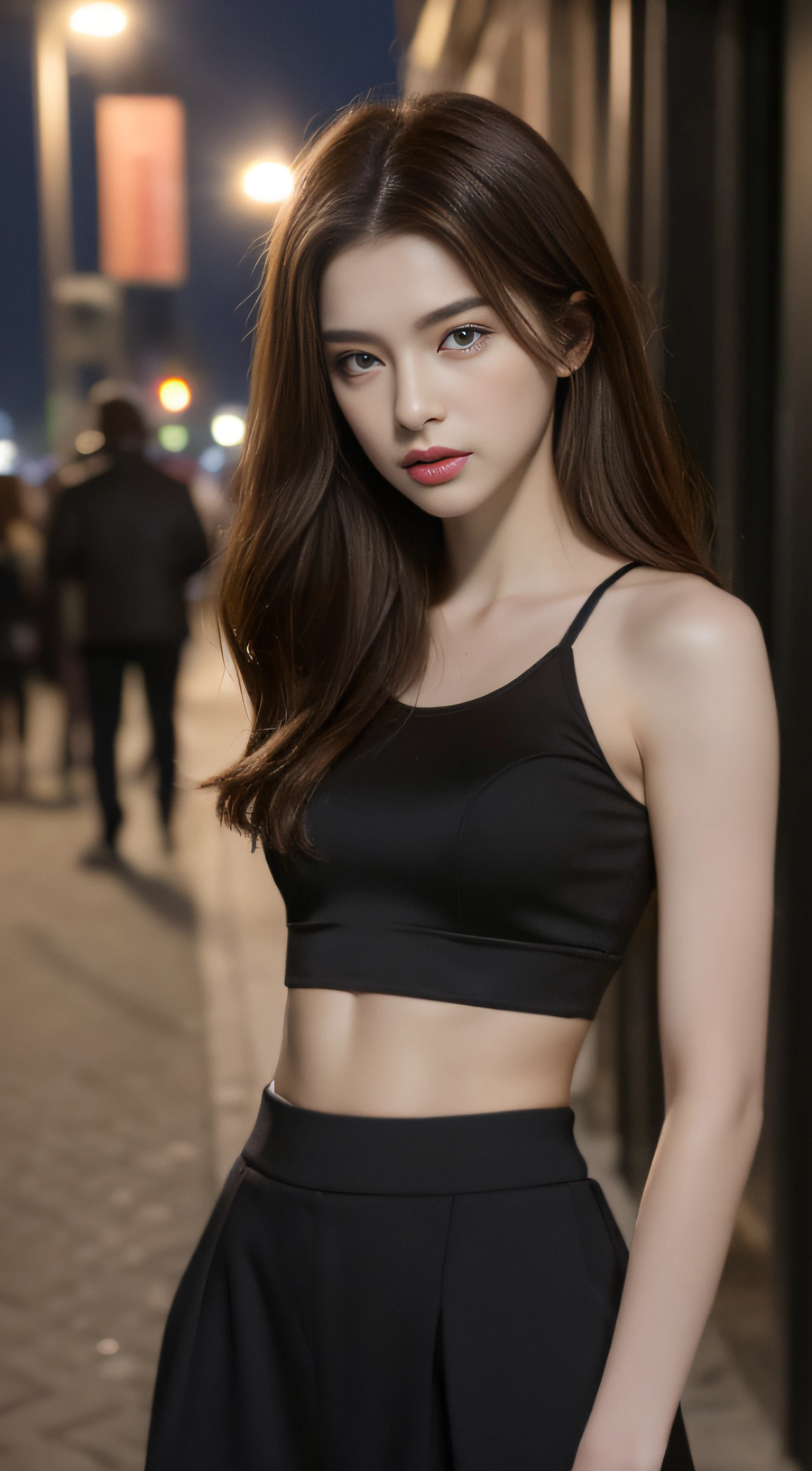 ((Realistic lighting, Best quality, 8K, Masterpiece: 1.3)), Clear focus: 1.2, 1girl, Perfect Figure: 1.4, Slim Abs: 1.1, ((Dark brown hair)), (Bare midriff: 1.4), (Outdoor, Night: 1.1), City streets, Super fine face, Fine eyes, Double eyelids,