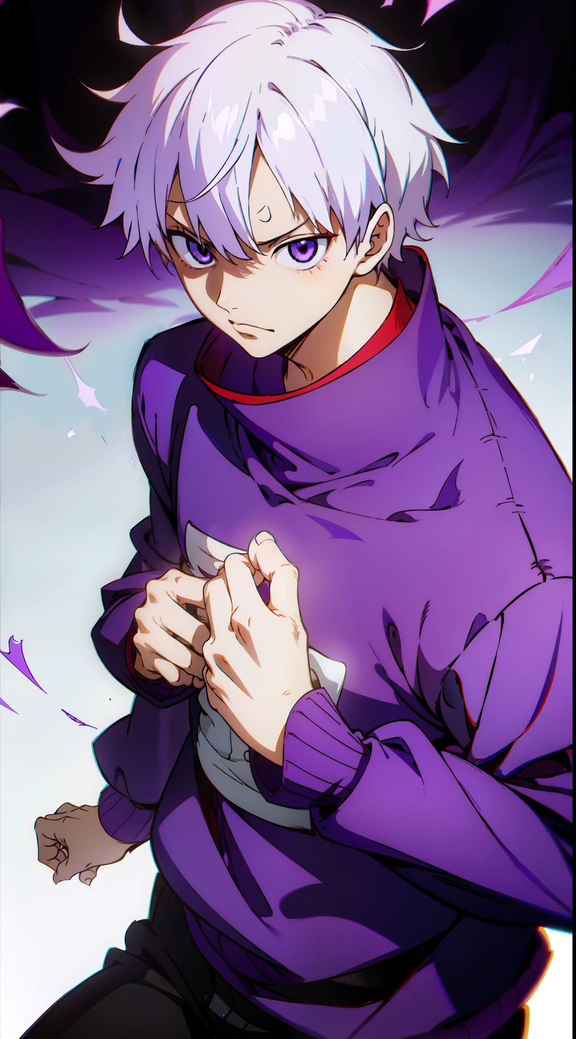 (chico con el pelo blanco estilo ken kaneki, purple eyes, purple sweater)