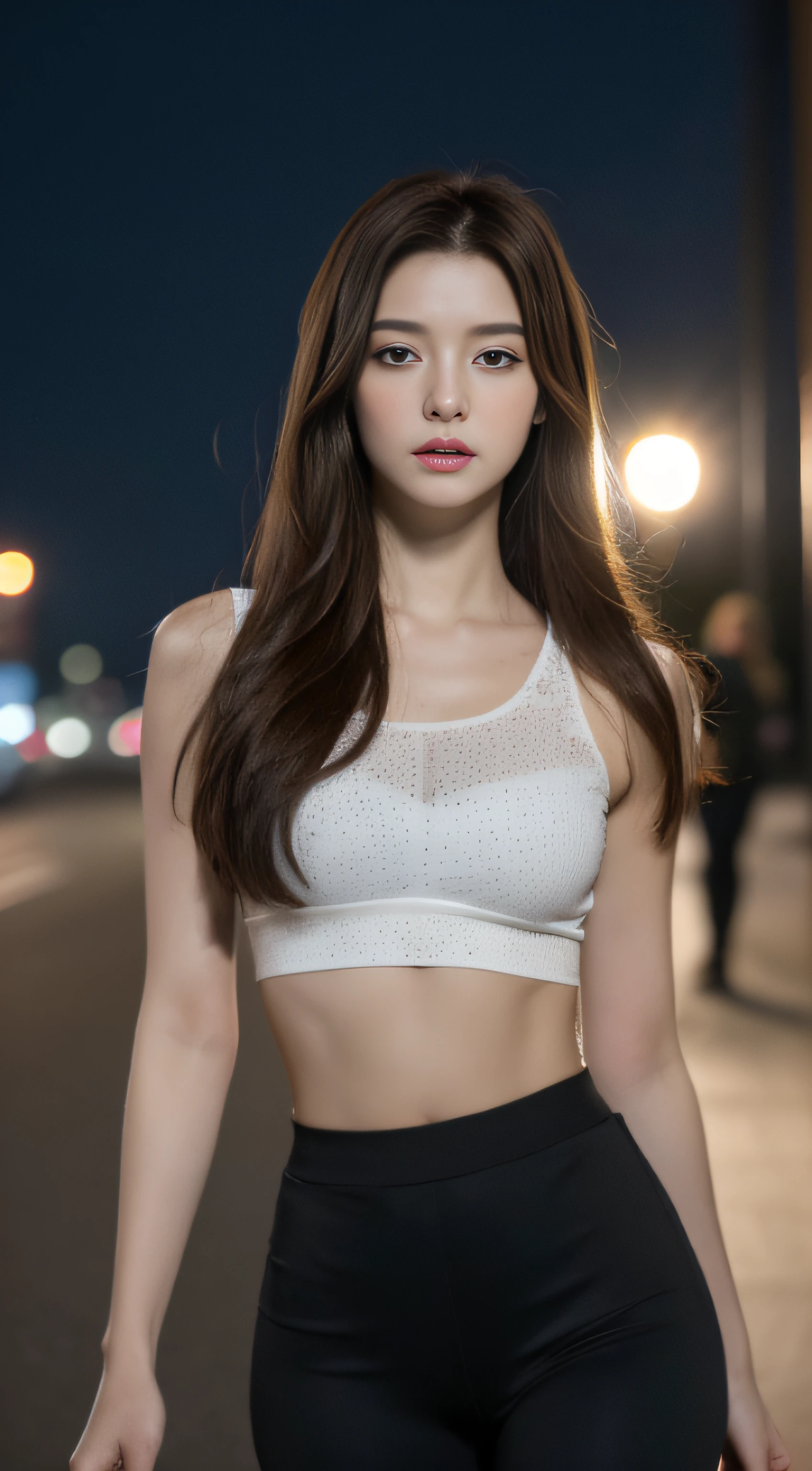 ((Realistic lighting, Best Quality, 8K, Masterpiece: 1.3)), Clear Focus: 1.2, 1girl, Perfect Body Beauty: 1.4, Slim Abs: 1.1, ((Dark Brown Hair)), (White Tight Suit: 1.4), (Outdoor 1.1), City Night View, Super Fine Face, Fine Eyes, Double Eyelids