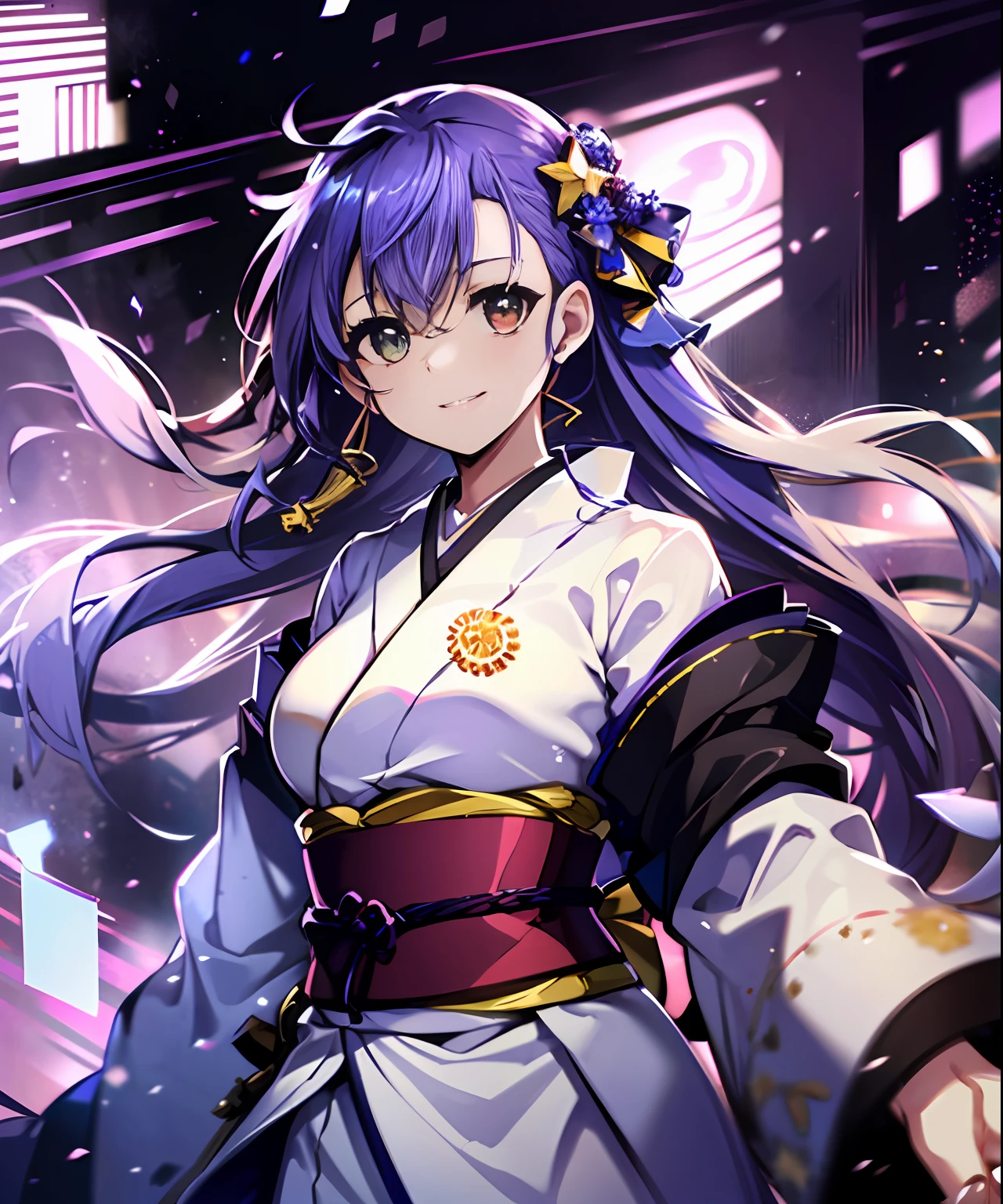 (((​masterpiece)))、(((top-quality)))、((ultra-detailliert))、1girl in、A smile、The long-haired、Light purple hair、strong breeze、In nature、Holding a sword in his hand、Kimono、Longsword、battle field、Star chips、overlord、Strong