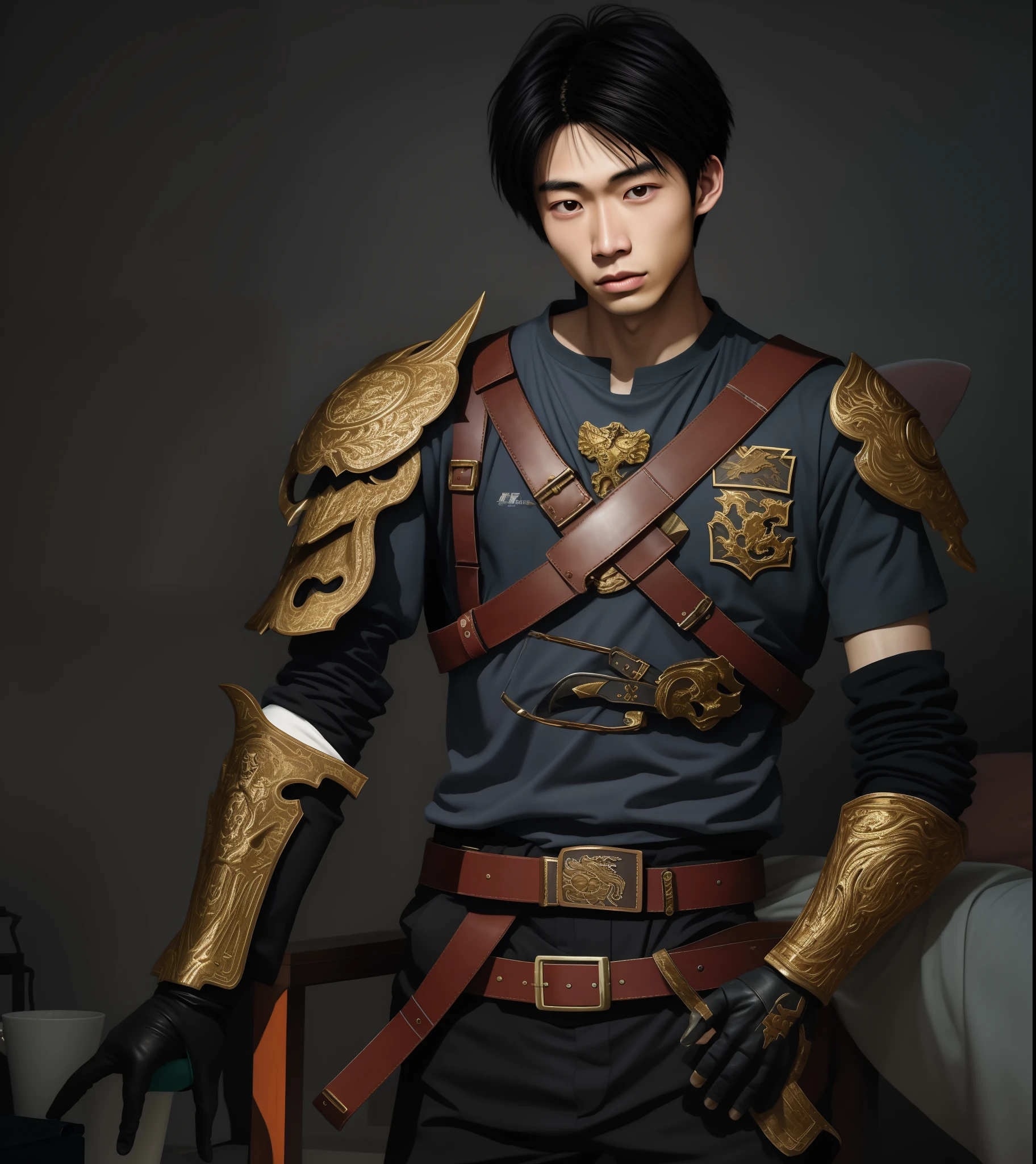 cool guy,23years old,Asian people,Works of masters,Best image quality,Higher quality,high detal,超高分辨率,8K分辨率,Exquisite facial features,,emaciated,Glowing eyes,short detailed hair,Hair details, ,[[Look away,Look to the side,Emphasize homosexuality and pay attention to every detail ,((((Bulging crotch)))))sockes,Leather glove,Gamepad in hand,General armor,battle garment