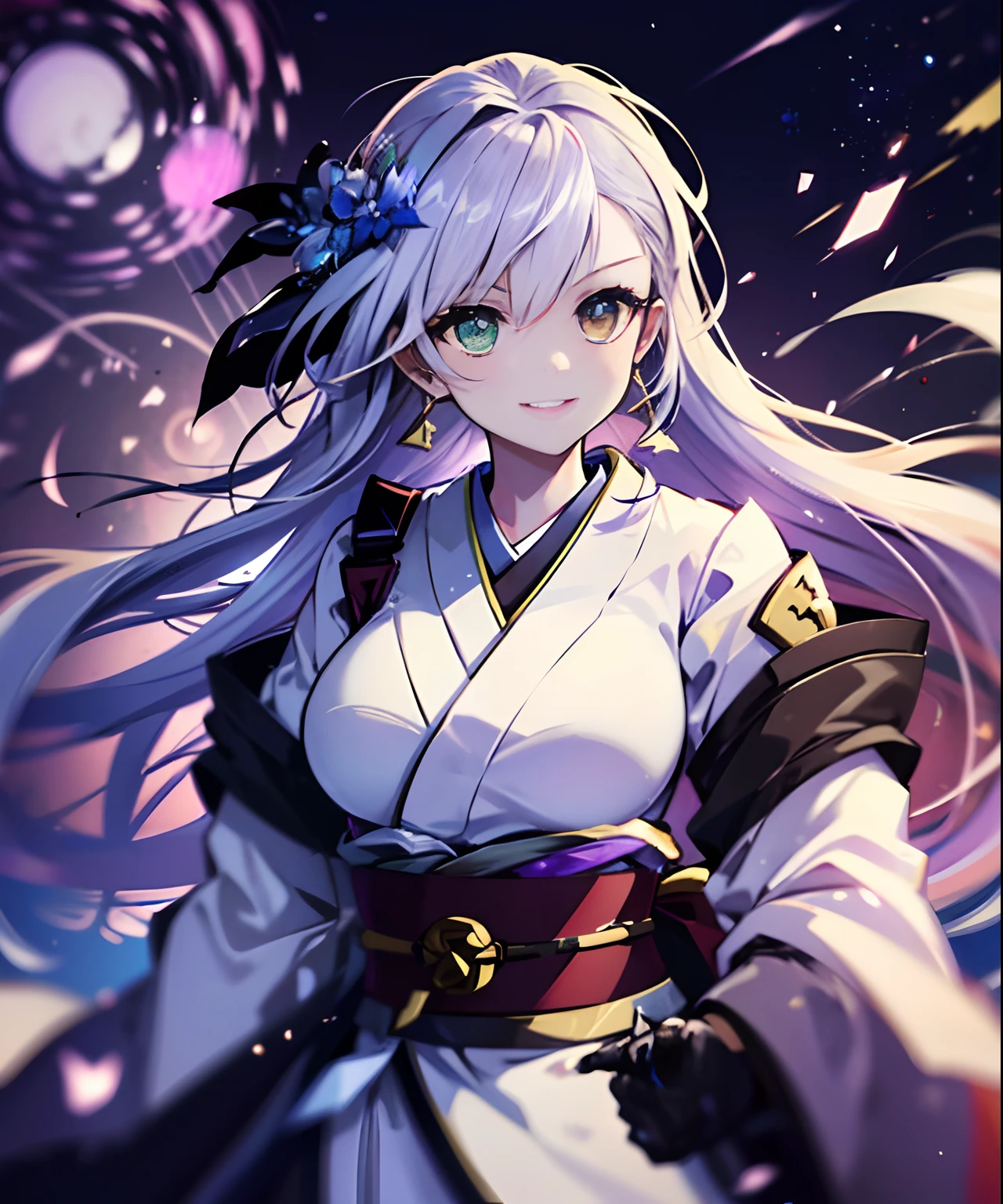 (((​masterpiece)))、(((top-quality)))、((ultra-detailliert))、1girl in、A smile、The long-haired、Light purple hair、strong breeze、In nature、Holding a sword in his hand、Kimono、Longsword、battle field、Star chips、overlord、Strong