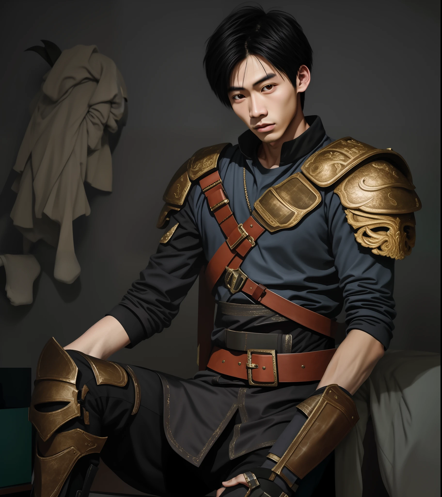 cool guy,23years old,Asian people,Works of masters,Best image quality,Higher quality,high detal,超高分辨率,8K分辨率,Exquisite facial features,Boy student,emaciated,Glowing eyes,short detailed hair,Hair details, ,[[Look away,Look to the side,Emphasize homosexuality and pay attention to every detail ,((((Bulging crotch)))))sockes,Leather glove,Gamepad in hand,General armor,battle garment