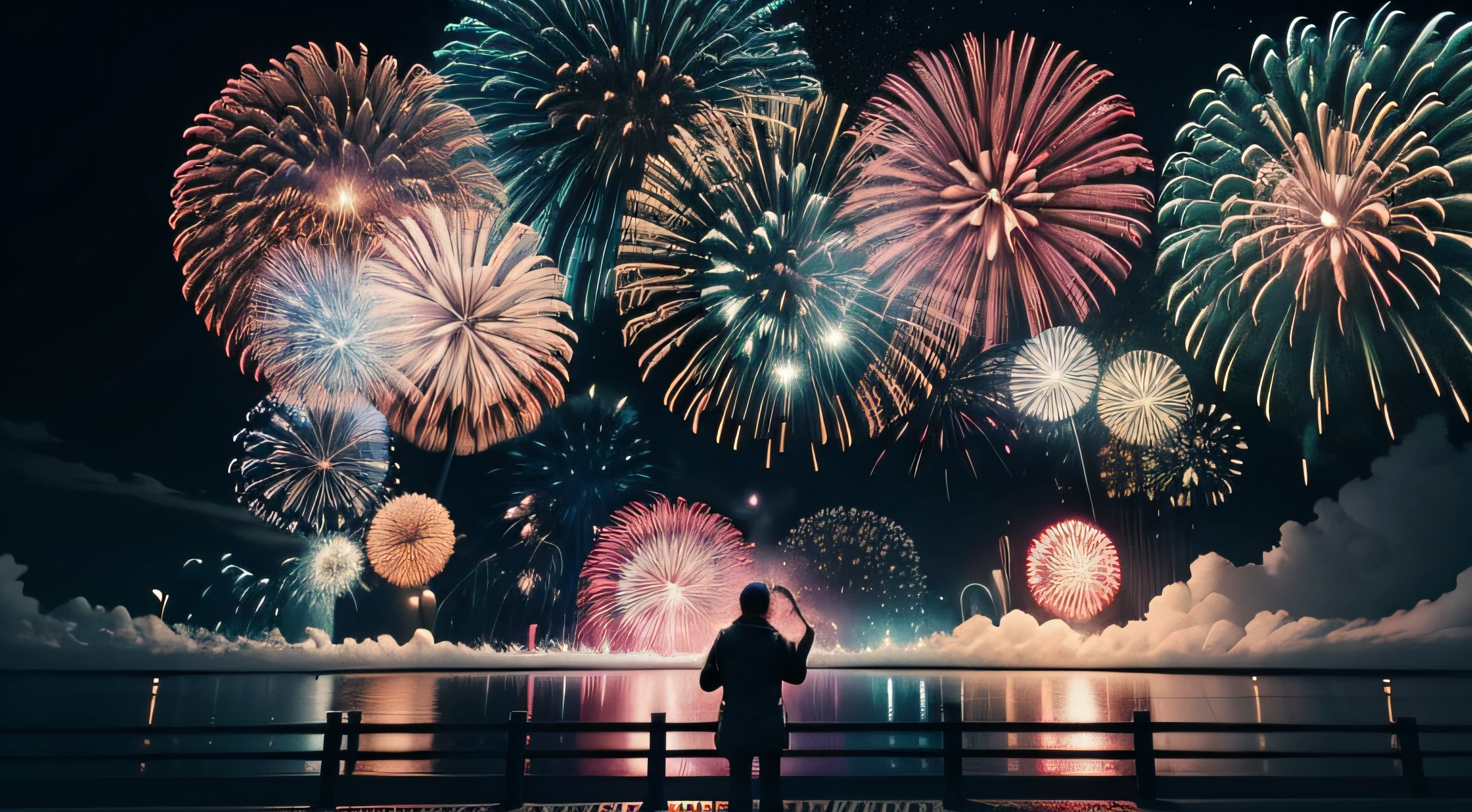 Put on fireworks、sky at night、Black sky、8K、top-quality、realisitic、Delicate fireworks、Only fireworks、Only the sky、Fireworks of the same size、Horizontal row