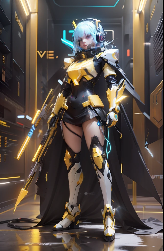 Female, 3d, background neon detail, neon body effect, gold neon effect, yellow neon effect, redneon effect, white neon effect, weapon, headphone, Gundam , gold hair