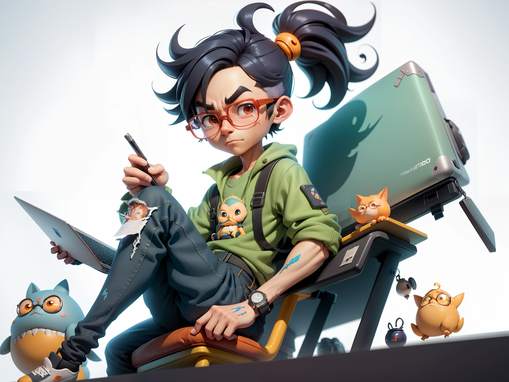 A young man with glasses sits at his desk,holding laptop,digitial painting,3D character design by Mark Clairen and Pixar and Hayao Miyazaki and Akira Toriyama,4K HD illustration,Very detailed facial features and cartoon-style visuals。