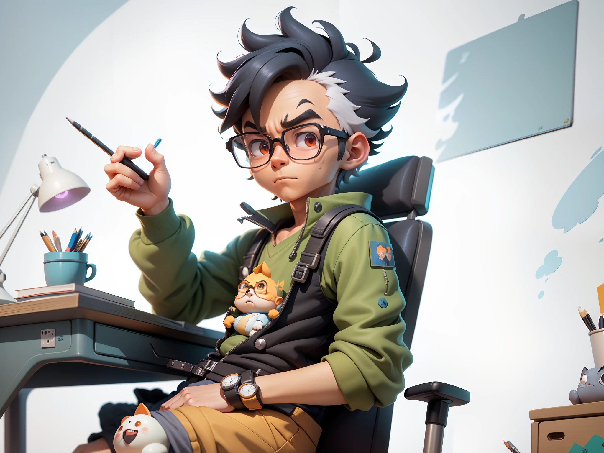 A young man with glasses sits at his desk,holding laptop,digitial painting,3D character design by Mark Clairen and Pixar and Hayao Miyazaki and Akira Toriyama,4K HD illustration,Very detailed facial features and cartoon-style visuals。