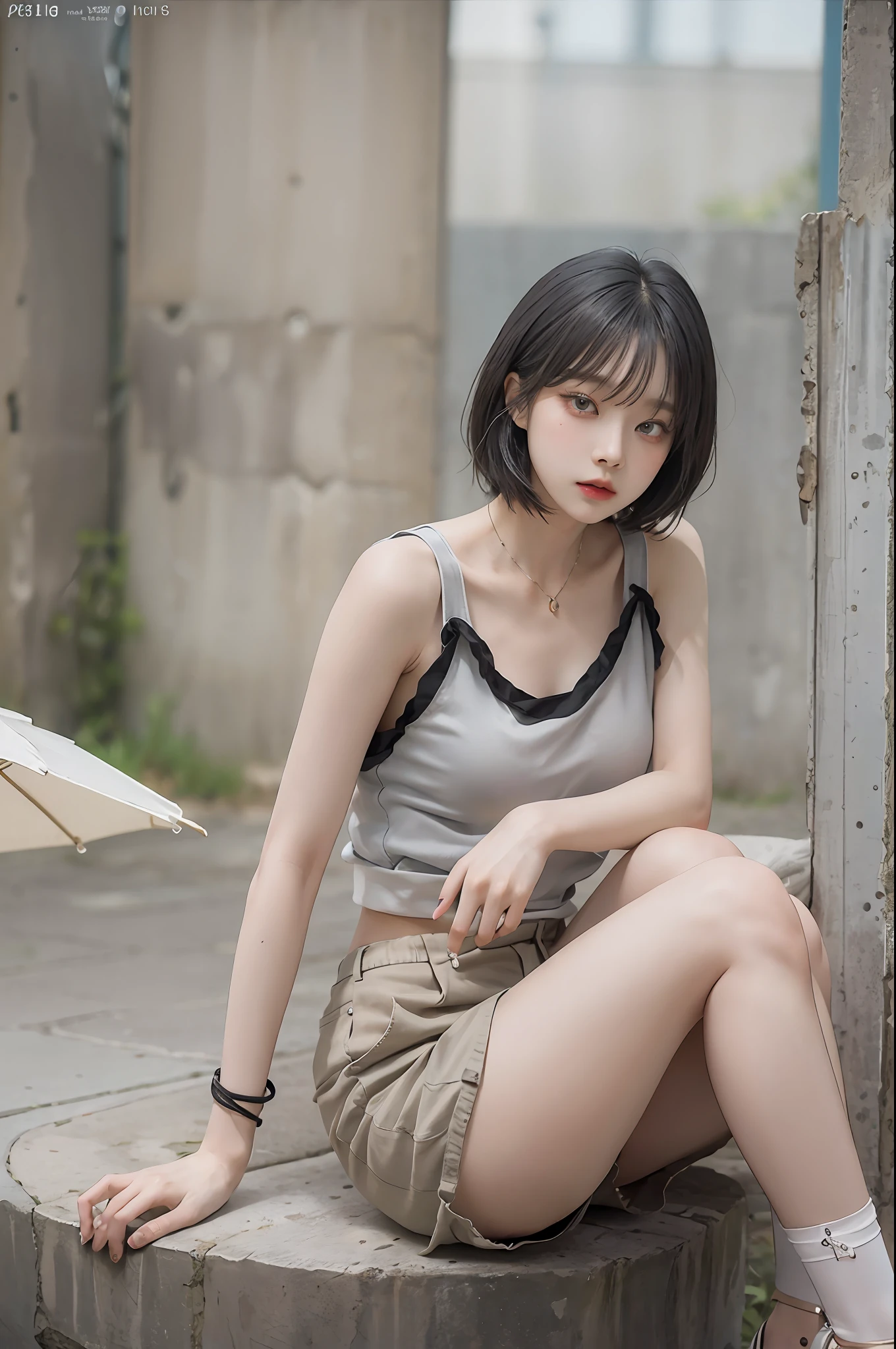 Top image quality、Raw photography、超A high resolution、Cute girl at 18 years old、Shooting for one person only、round breast、Tank Tops、short trousers of black color、Beautiful Eyes of Details、very elongated eyes、Beautiful eyelashes、Beautiful double eyelids、white walls、Beautiful waist、very slender legs、a short bob、very slender physique