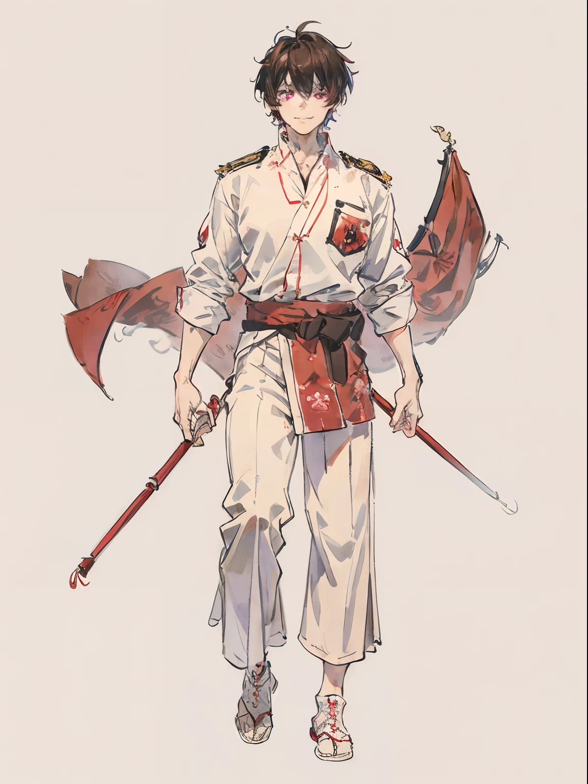 virtual_youtuber, 1boy, male_focus, solo, brown_hair, purple_eyes, simple_background, white_footwear, full_body, straight-on, looking_at_viewer, pants, red collared shirt, hair_between_eyes, (VERY DETAILED EYES:1.5), smile, Indonesia_Flag