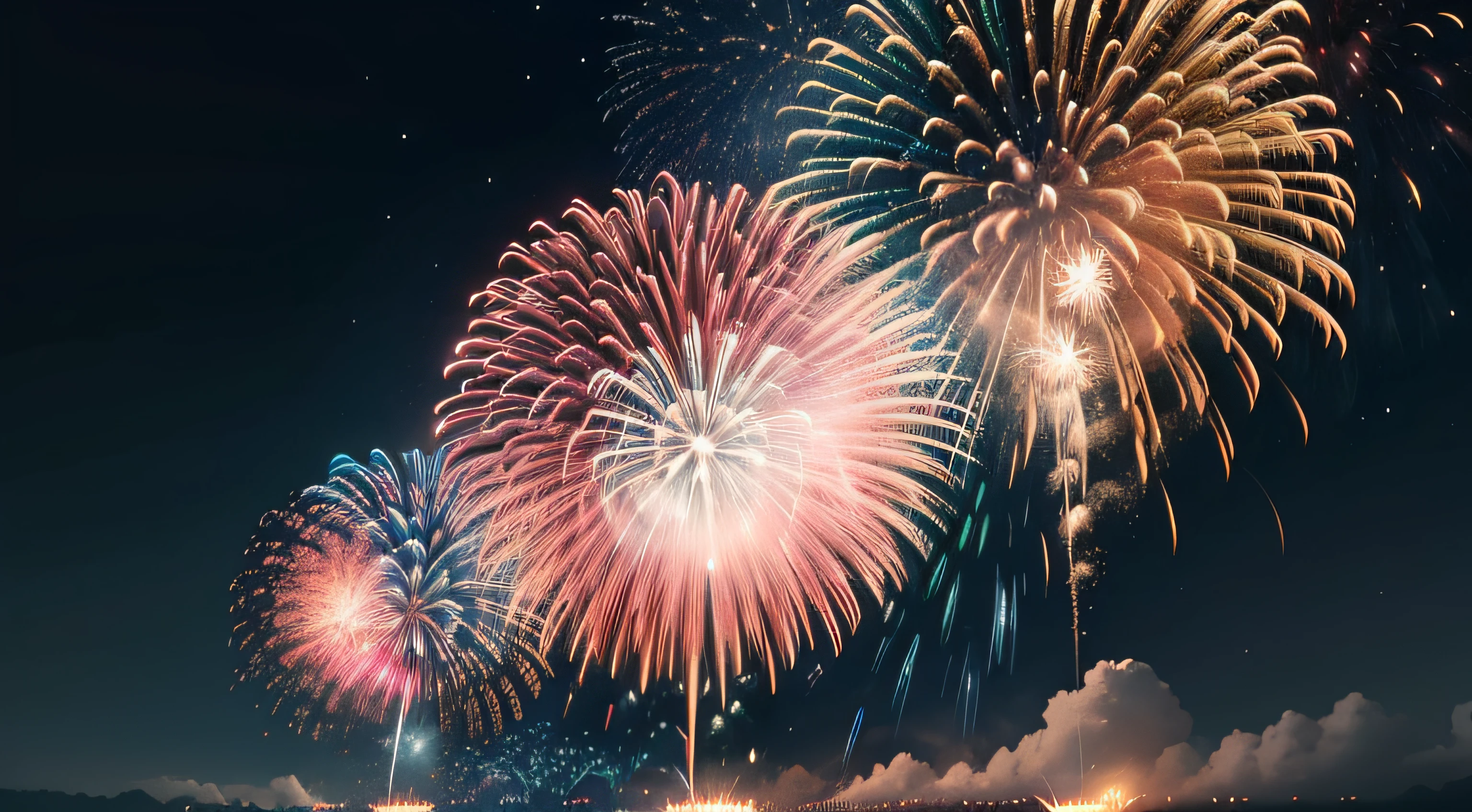 Put on fireworks、sky at night、Black sky、8K、top-quality、realisitic、Delicate fireworks、Only fireworks、Only the sky、Fireworks of the same size、Horizontal row