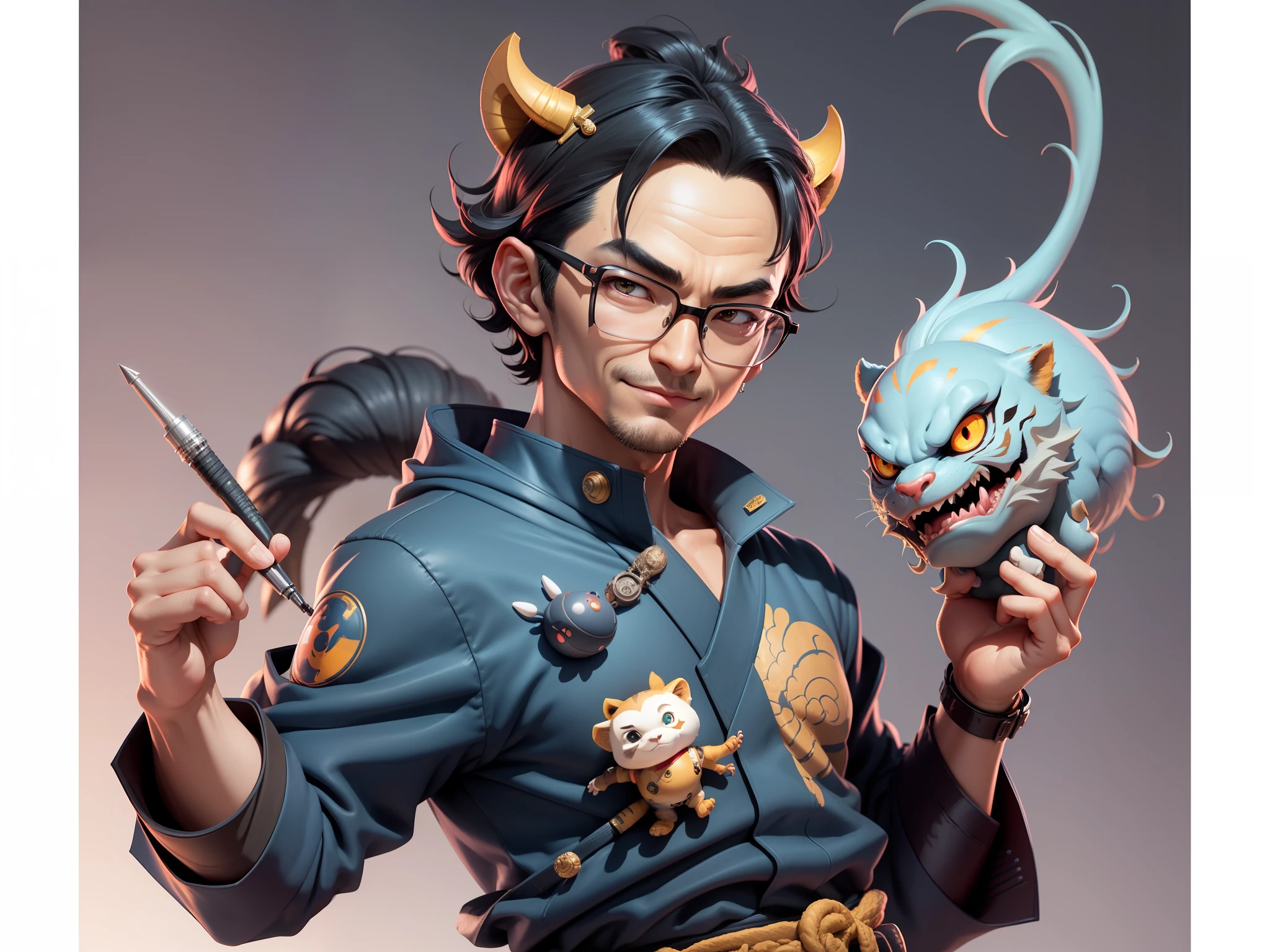 Young man with oriental face in leather hat, dragon, formal suit, short black hair, silver glasses, digital painting, 3D character design by Mark Clairedon and Pixar and Hayao Miyazaki and Akira Toriyama, the illustration is a high-definition illustration in 4K resolution with very detailed facial features and cartoon-style visuals.