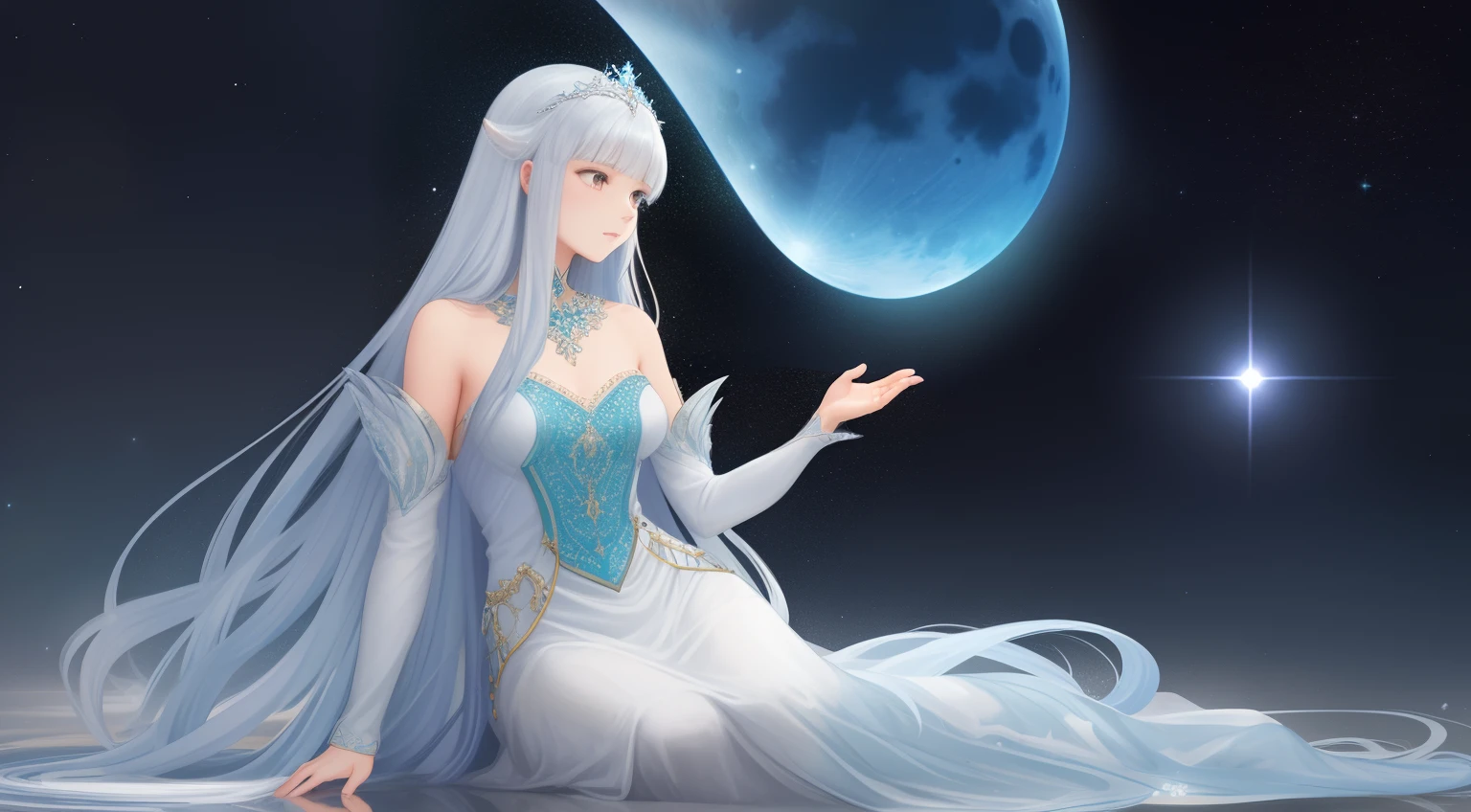 In a lunar setting, under a serene and starlit sky, stands a woman of graceful and tranquil appearance. Her hair, gently illuminated by the silver moonlight, falls in delicate waves over her shoulders. Adorned in attire that mirrors the luminosity of the surroundings, she seems to be in perfect harmony with the celestial landscape that envelops her.
The garments she wears are crafted from ethereal fabrics that capture the essence of moonlight. A harmonious blend of silvery and bluish hues adorns her form in an elegant and understated manner, enhancing her natural beauty. A lightweight tunic, embellished with patterns reminiscent of constellations, drapes her body, while cloud-like soft footwear cradles her feet.
Her curious eyes gaze upon the lunar horizon, conveying a sense of wonder and admiration. She appears immersed in the cosmic mysteries that surround her, exuding an aura of tranquility and introspection. The serene beauty and enchanting ambiance of the moon converge to create a scene that is simultaneously inspiring and serene.
I hope this description meets your expectations! If you need more details or have further questions, feel free to ask. verybadimagenegative_v1.3, ng_deeppositive_v1_75t, (beautifull face:0.8),cross-eyed,sketches, (beast quality:2), (high quality:2), (8kk, realistc quality:2), highers, best quality, ((monochrome)), ((grayscale)), skin spots, acnes, skin blemishes, good anatomy, Deep Positive, facing away, tilted head, {one people}, highers, good anatomy, good hands, text, error, missing fingers, extra digit, fewer digits, cropped, best quality, high quality, normal quality, jpegartifacts, good feet, cropped, poorly drawn hands, richely drawn face, best quality, high quality, normal quality, jpeg artifacts, extra fingers, fewer digits, extra limbs, extra arms,extra legs limbs, fused fingers, long neck, cross-eyed,mutated hands, polar lowres, good body, good proportions.