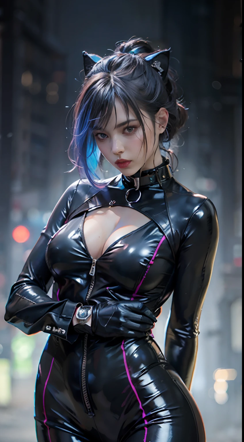 solo, super fine photo, portrait Unreal Engine 5 8K UHD of beautiful girl in a skin tight black latex outfit with blue neon light details, slick black catsuit, black iconic character, smooth black skin, black body, PVC, some black, glossy latex suit, rubber suit, rubber belts, collar, rubber glove, rubber high boots, arm and leg cuffs, straps, cyberpunk world, best quality, masterpiece, official art, unified 8k wallpaper, super detailed, sharp focus, dynamic pose, body parts, no extra limbs, precisely anatomy