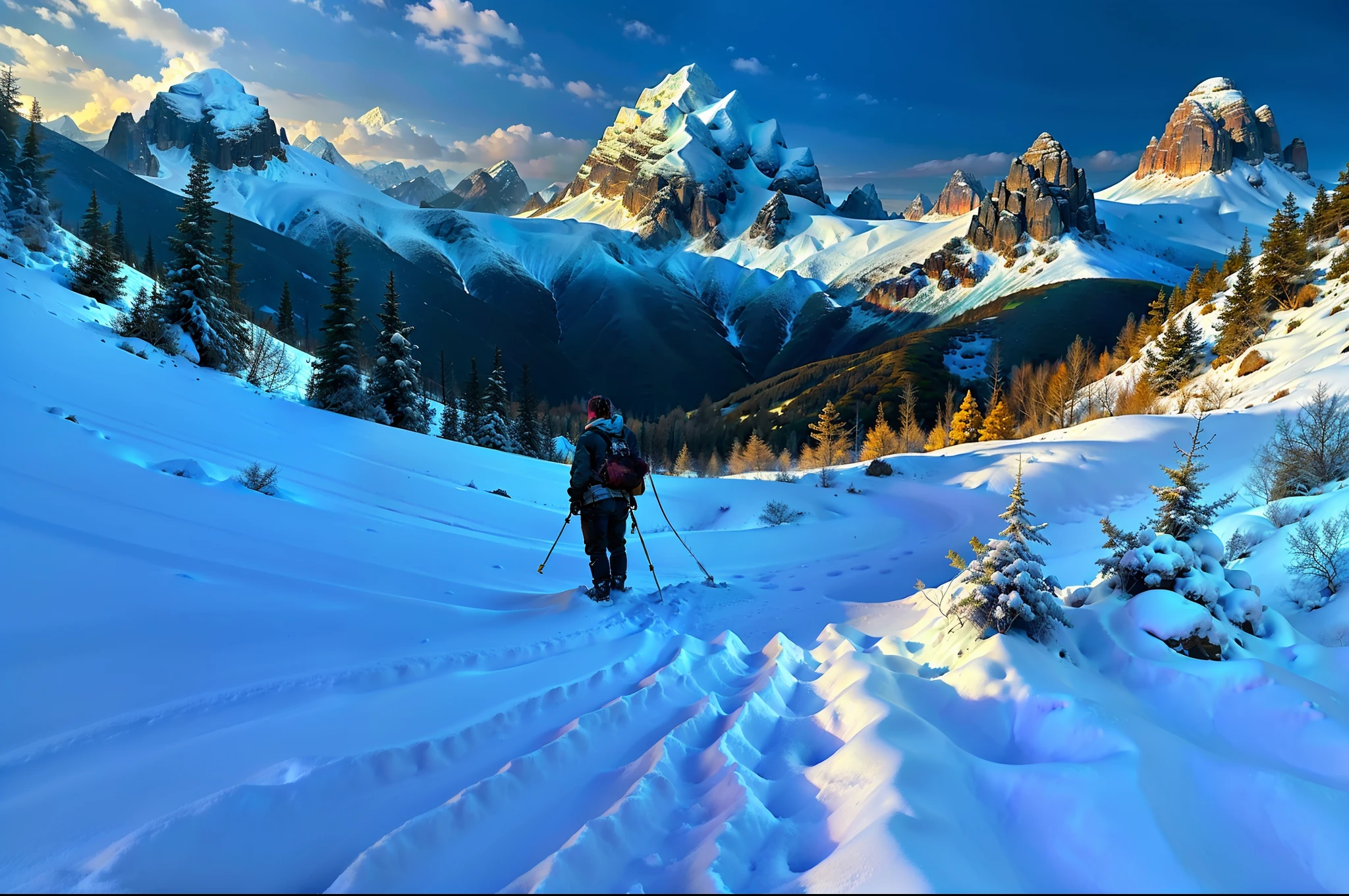 (A high resolution,hyper HD,awardwinning,high detal,Best quality detailed,high qulity,The is very detailed,Cinematic lighting effects,lightand shade contrast,reflective light,Outdoor Sketching,ultra hd photo),Excellent image quality,Realistic details,RAW photo of the landscape,small detailed,realisticlying,ultra real photo,Climbers stand at the top of the mountain overlooking the mountains,Faraway view,ultra-wide-angle,overhead photography,Sunlight shines,blue-sky,snow mountains,Yamakawa ,rios,Greenwood
