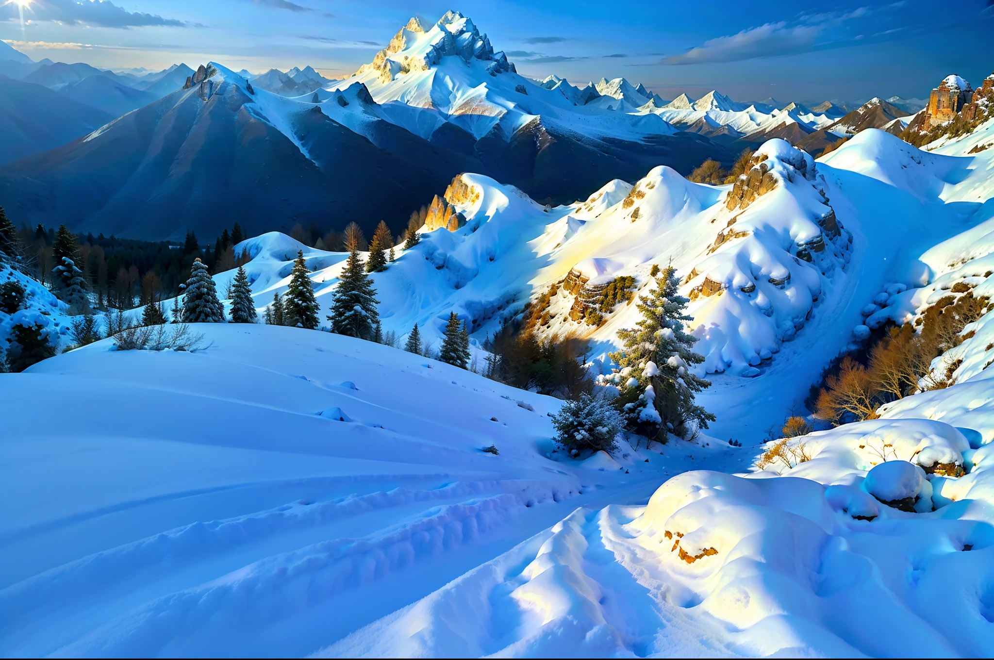 (A high resolution,hyper HD,awardwinning,high detal,Best quality detailed,high qulity,The is very detailed,Cinematic lighting effects,lightand shade contrast,reflective light,Outdoor Sketching,ultra hd photo),Excellent image quality,Realistic details,RAW photo of the landscape,small detailed,realisticlying,ultra real photo,Climbers stand at the top of the mountain overlooking the mountains,Faraway view,ultra-wide-angle,overhead photography,Sunlight shines,blue-sky,snow mountains,Yamakawa ,rios,Greenwood