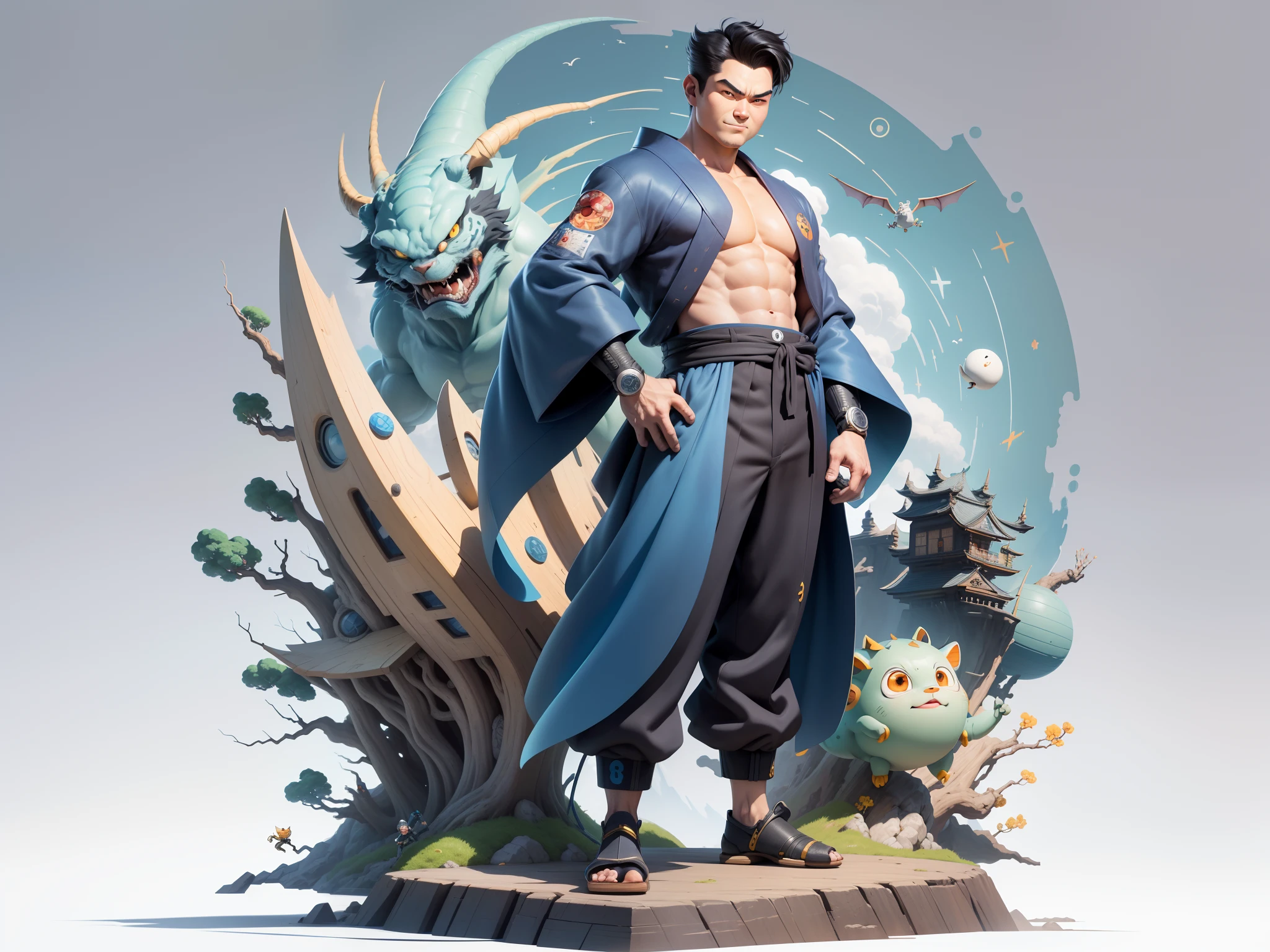 (Masterpiece), (Excellent), (Super Meticulous), (Full Body: 1.2), Super Young Man, Oriental Face, Japanese Kimono, Japanese Wind Thunder God, Dragon, Tiger, TV Anchor, Bust Portrait Illustration, Alone, Black Suit, Blue Tie, Slightly Chubby Face, Very Clean Face, No Beard, Black Super Short Hair, Black Eyes, Confident Smile, 3c Computer Sub-Products, iPad, iPhone, Digital Painting, 3D Character Design by Akira Toriyama and Mark Claireden and Pixar and Hayao Miyazaki, The illustration is a high-definition illustration in 4K resolution with very detailed facial features and cartoon-style visuals.