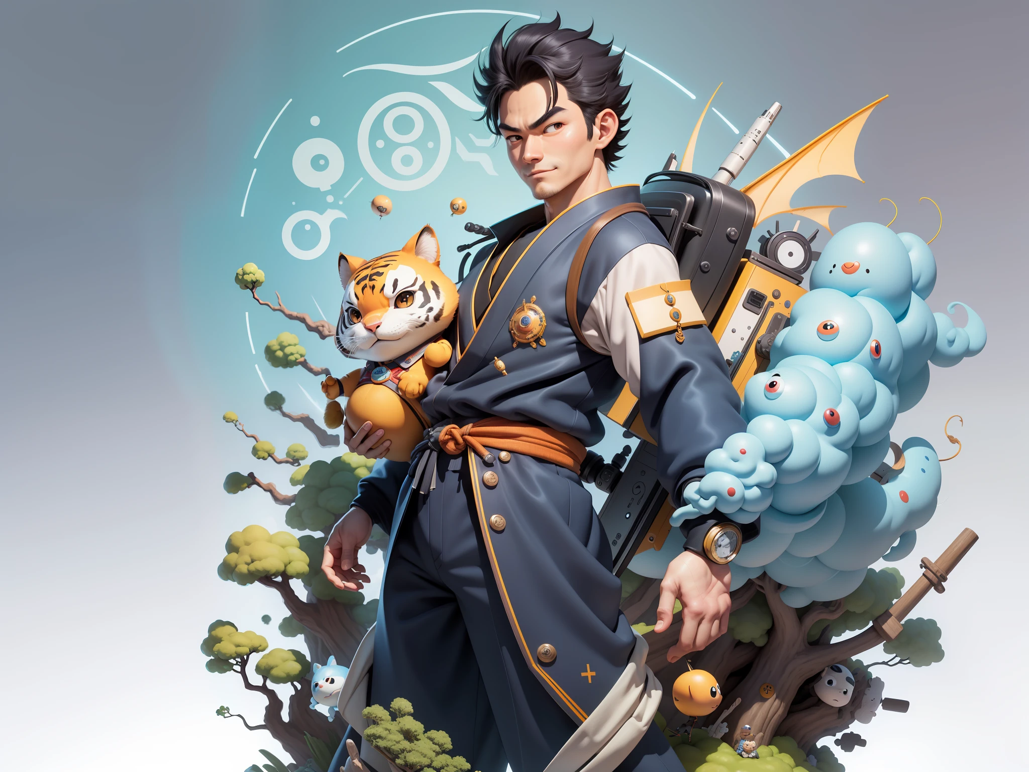 (Masterpiece), (Excellent), (Super Meticulous), (Full Body: 1.2), Super Young Man, Oriental Face, Japanese Kimono, Japanese Wind Thunder God, Dragon, Tiger, TV Anchor, Bust Portrait Illustration, Alone, Black Suit, Blue Tie, Slightly Chubby Face, Very Clean Face, No Beard, Black Super Short Hair, Black Eyes, Confident Smile, 3c Computer Sub-Products, iPad, iPhone, Digital Painting, 3D Character Design by Akira Toriyama and Mark Claireden and Pixar and Hayao Miyazaki, The illustration is a high-definition illustration in 4K resolution with very detailed facial features and cartoon-style visuals.