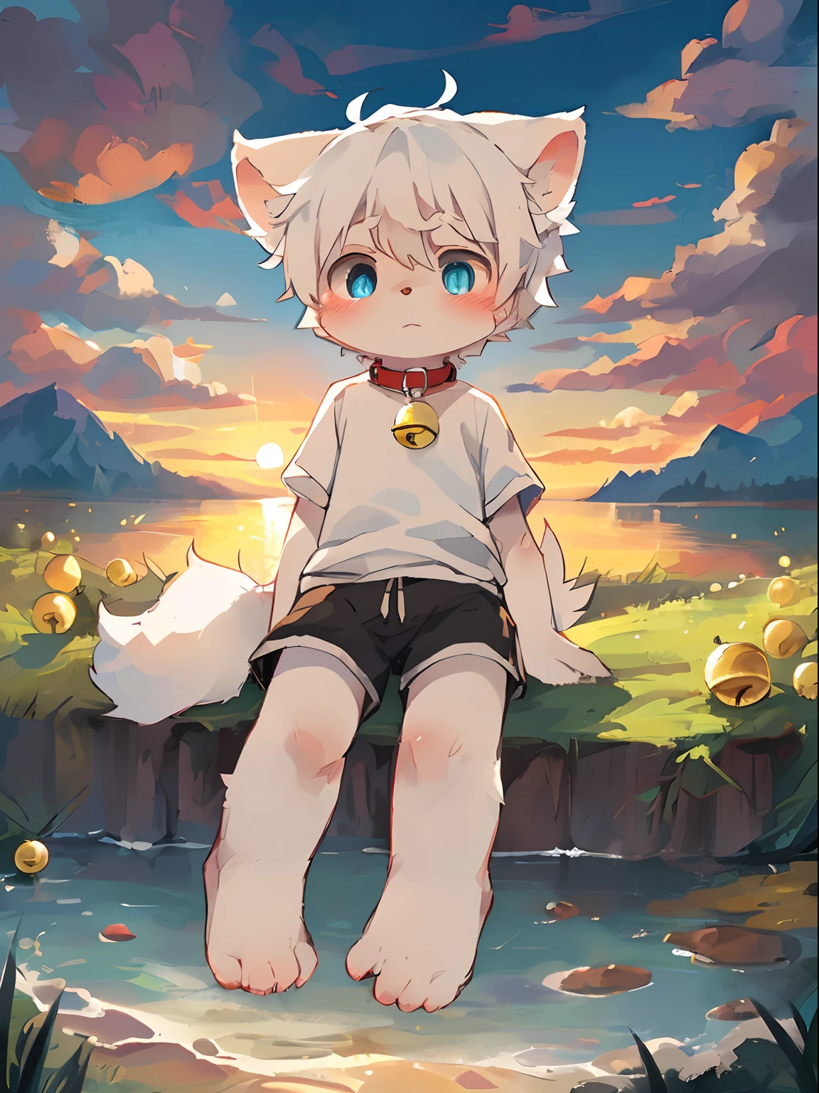 Masterpiece, high quality, absurd resolution, digital painting \ (artwork \), by dagasi, yupa, kiyosan, (fluffy fur, white fur, full body fur,), boys, blue eyes, white hair, shorts, bare feet, bright eyes, panorama, character focus. Detailed background, cloud background, dusk, sunset (bell, pet collar, white short sleeves: 1.2)