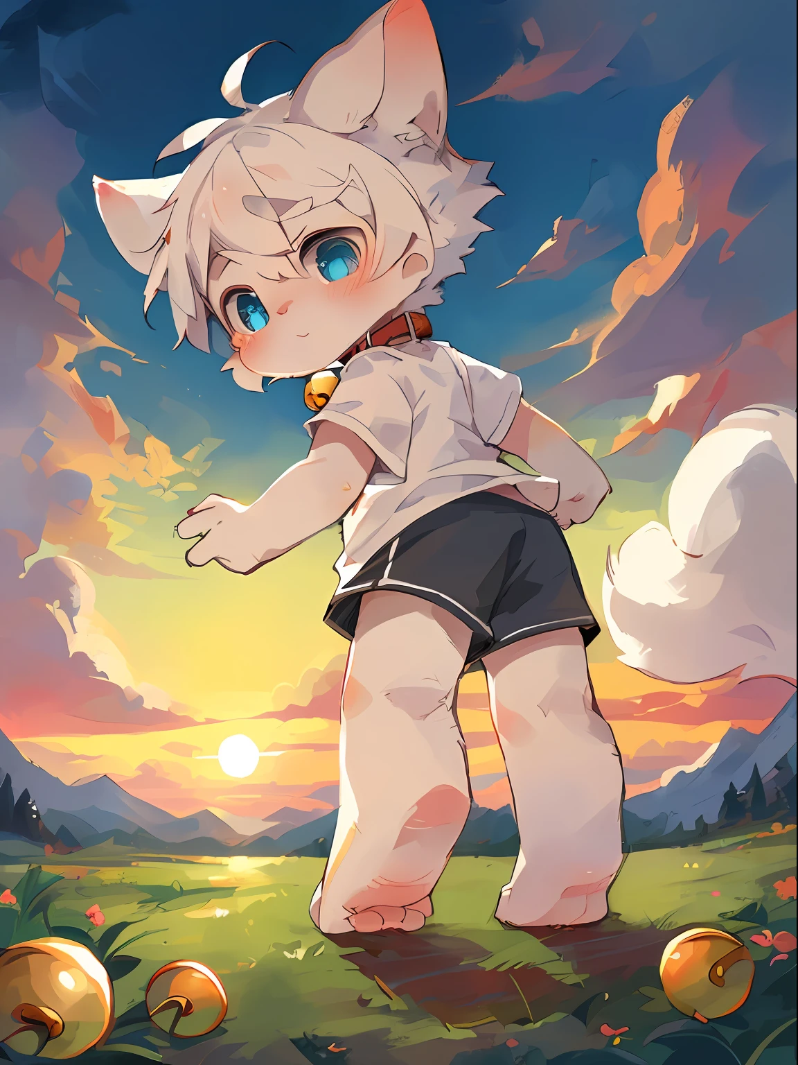 Masterpiece, high quality, absurd resolution, digital painting \ (artwork \), by dagasi, yupa, kiyosan, (fluffy fur, white fur, full body fur,), boys, blue eyes, white hair, shorts, bare feet, bright eyes, panorama, character focus. Detailed background, cloud background, dusk, sunset (bell, pet collar, white short sleeves: 1.2)