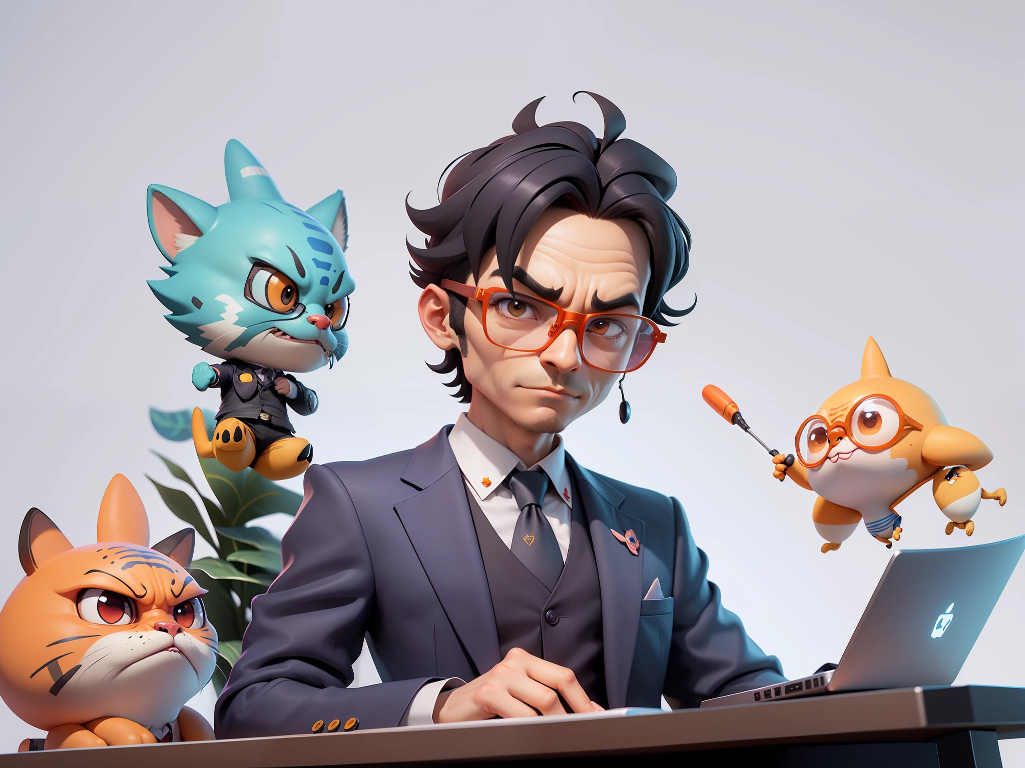 A young man in a suit, Short hair and glasses sat at his desk，holding laptop，digitial painting，tigre，3D character design by Mark Clairen and Pixar and Hayao Miyazaki and Akira Toriyama，4K HD illustration，Very detailed facial features and cartoon-style visuals。