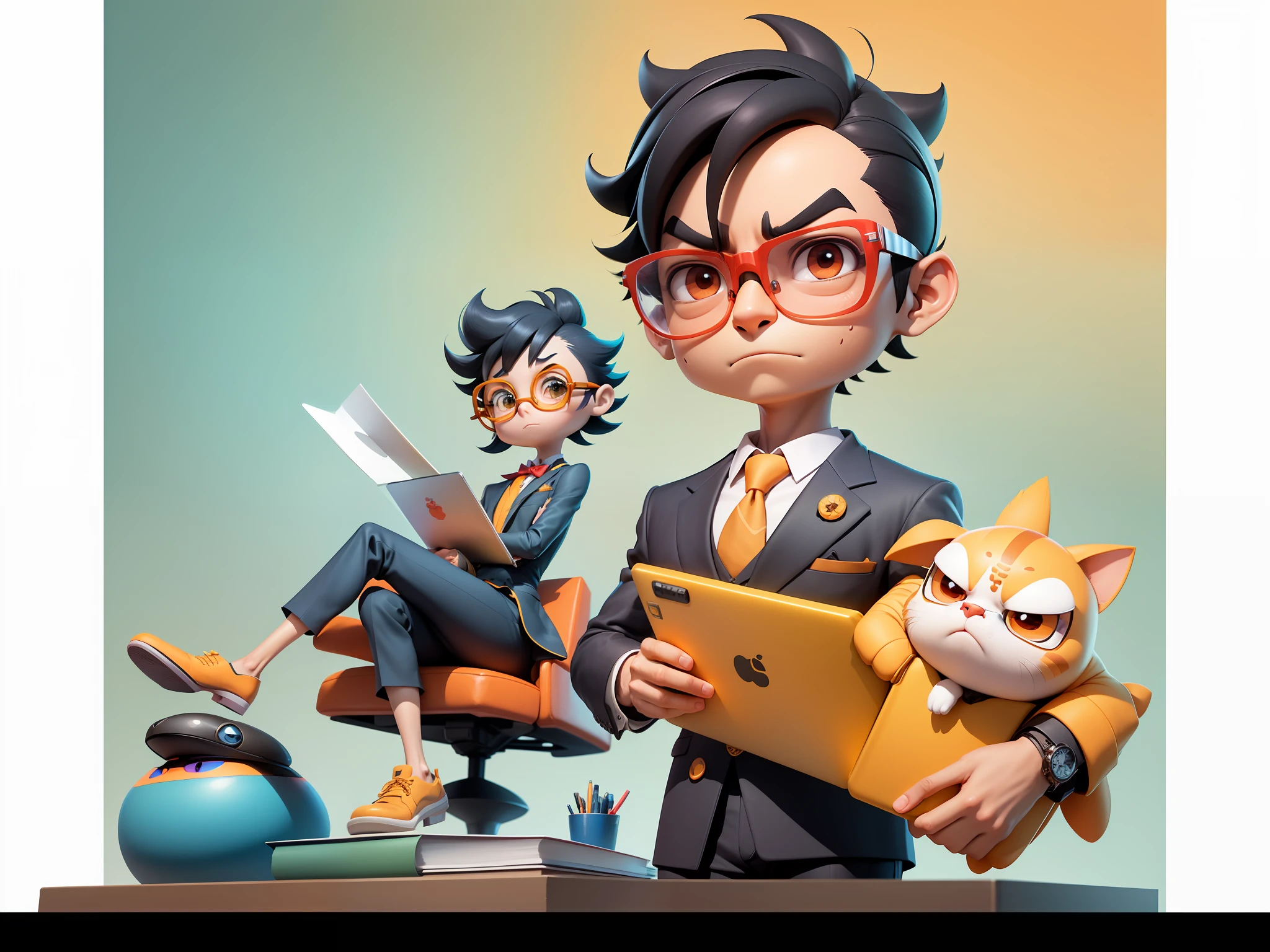 A young man in a suit, Short hair and glasses sat at his desk，holding laptop，digitial painting，tigre，3D character design by Mark Clairen and Pixar and Hayao Miyazaki and Akira Toriyama，4K HD illustration，Very detailed facial features and cartoon-style visuals。