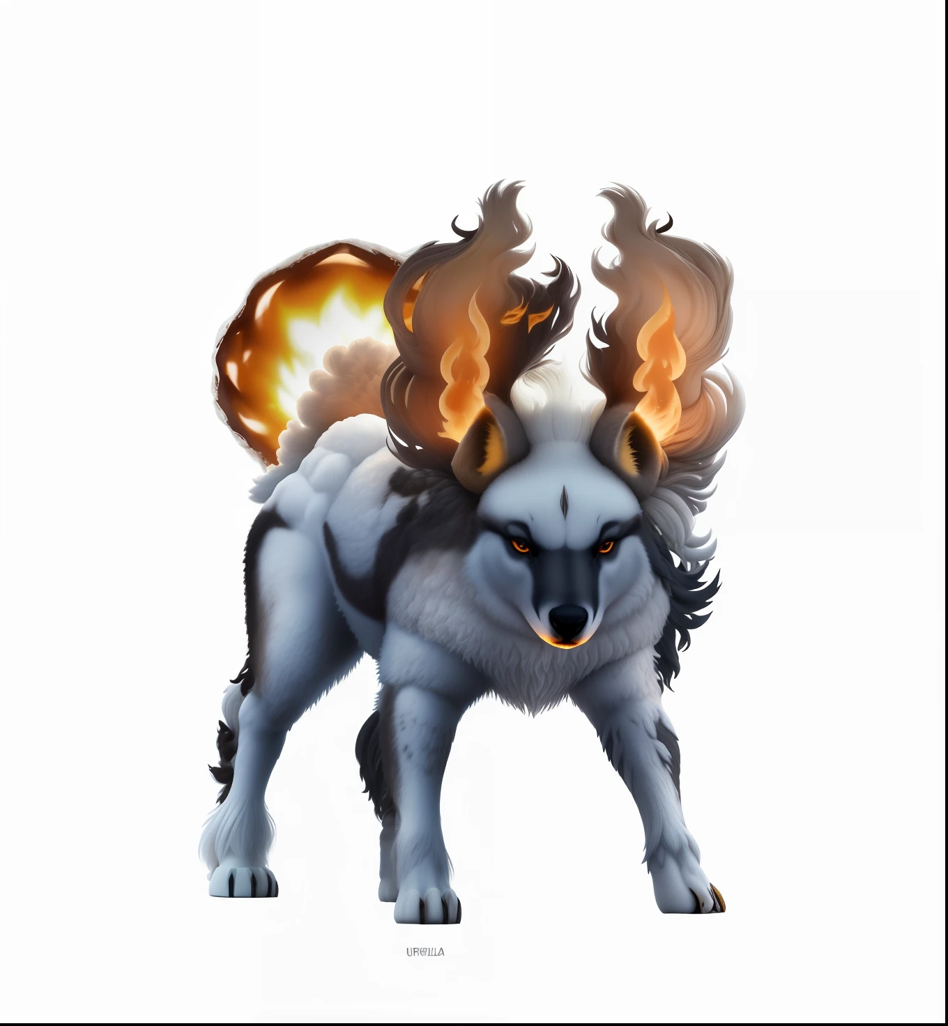 um lobo branco com orelhas e cauda em fogo, orelha de fogo, rabo de fogo, fogo no rabo, fogo na orelha. LOBO