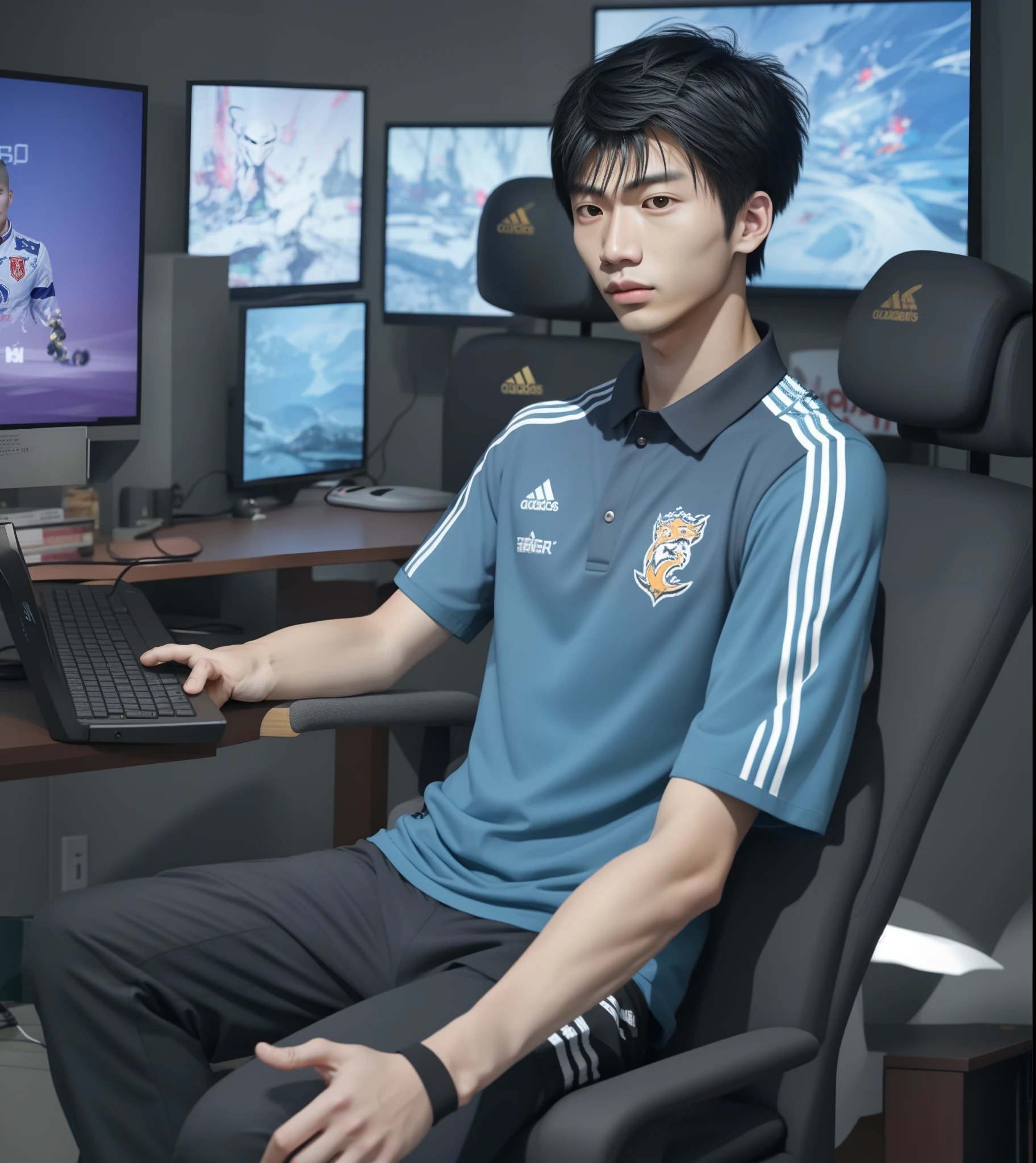 cool guy,23years old,Asian people,Works of masters,Best image quality,Higher quality,high detal,超高分辨率,8K分辨率,Exquisite facial features,,emaciated,Glowing eyes,short detailed hair,Hair details, ,[[Look away,Look to the side,Emphasize homosexuality and pay attention to every detail ,((((Bulging crotch)))))Earphone,((Gamepad in hand)),E-sports room,Esports suits