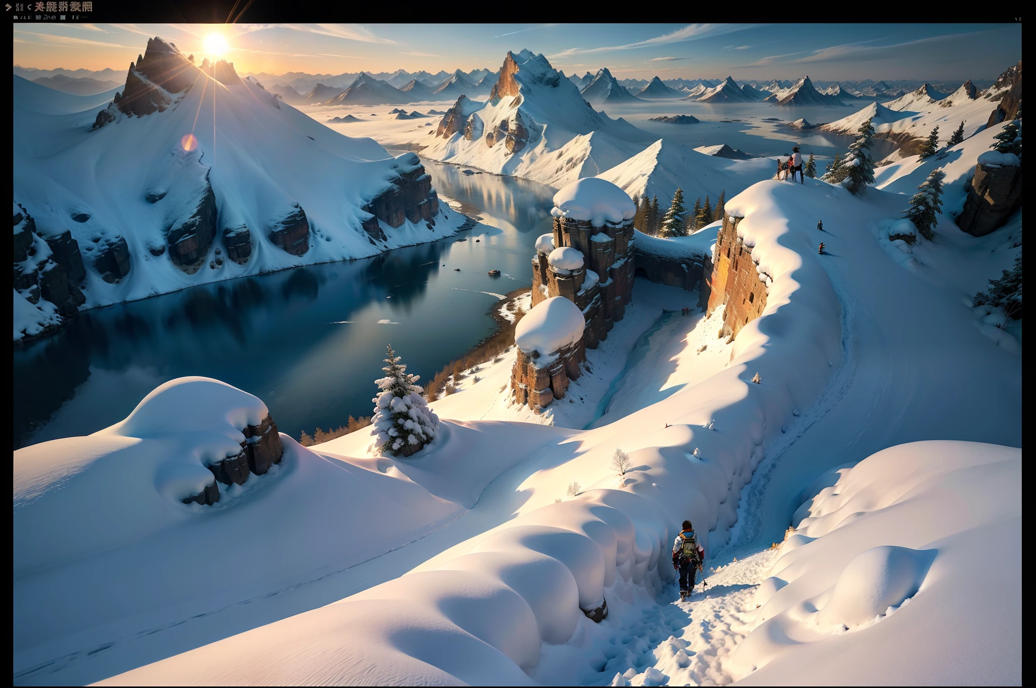 "A high resolution,hyper HD,Award-winning photos,Deliver accurate detail and high-quality images。The photo presents a cinematic lighting effect,Chiaroscuro and reflected light create the atmosphere of outdoor sketching。In the distance are magnificent mountains,Climbers stand at the top of the mountain overlooking the mountains,The shooting angle is ultra-wide-angle,Make people feel like they're in it。The sun shines in the blue sky、snow mountains、On the mountains and rivers,Panoramic views of nature。"