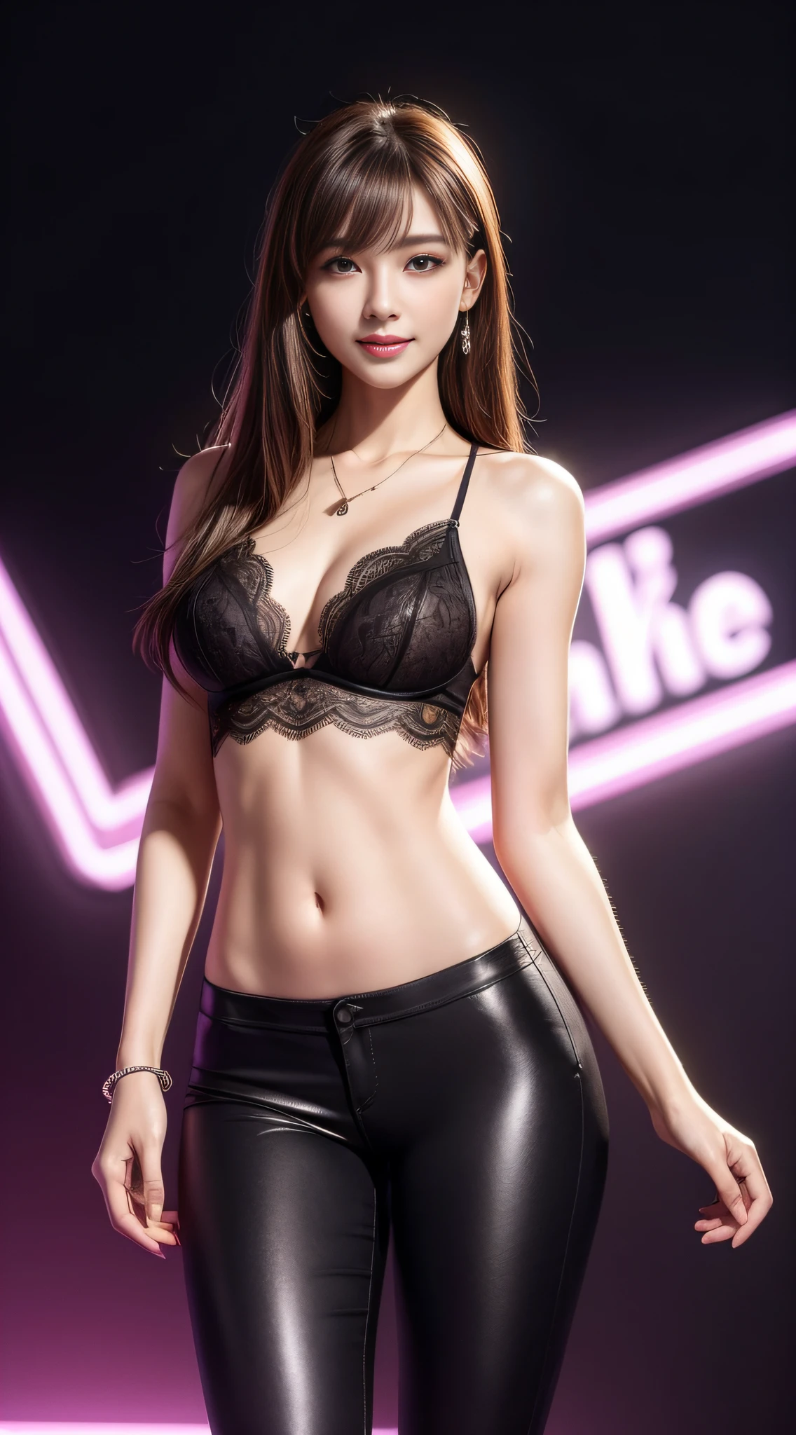 8k, masterpiece, RAW photo, best quality, photorealistic, extremely detailed CG unity 8k wallpaper, Depth of field, Cinematic Light, Lens Flare, Ray tracing, (extremely beautiful face, beautiful lips, beautiful eyes), intricate detail face, ((ultra detailed skin)) 1girl, in the dark, deep shadow, pretty korean girl, kpop idol, 1 girl, (very slim slender fit-muscled body:1.3), ((looking at viewer)),(big smile:1.3), (tight pink pants), (laced silk pants), (midnight, dark night, (neon sign), (blurred background), dim light), (without people in the background:1.3), beautiful earrings, bracelets, necklace, pantyhose, clear eyes, walking , front shot, (pale skin), (big eyes), face forward, (full body shot), ((laced shirt)), (brown hairs), open navel, (looking at viewer:1.3) very slim, medium breasts, medium butt, see through