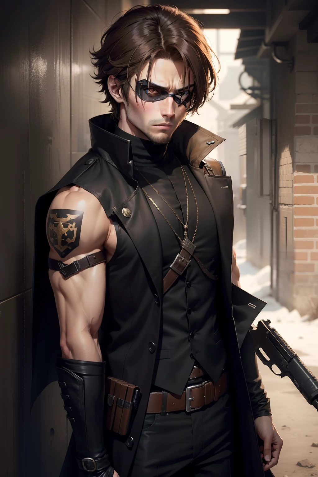 ****ung brown-haired man, patch on the left eye, long black vest, serious look, anime 1 man, brown, eyepatch, long black vest, serious look, anime, a gun.