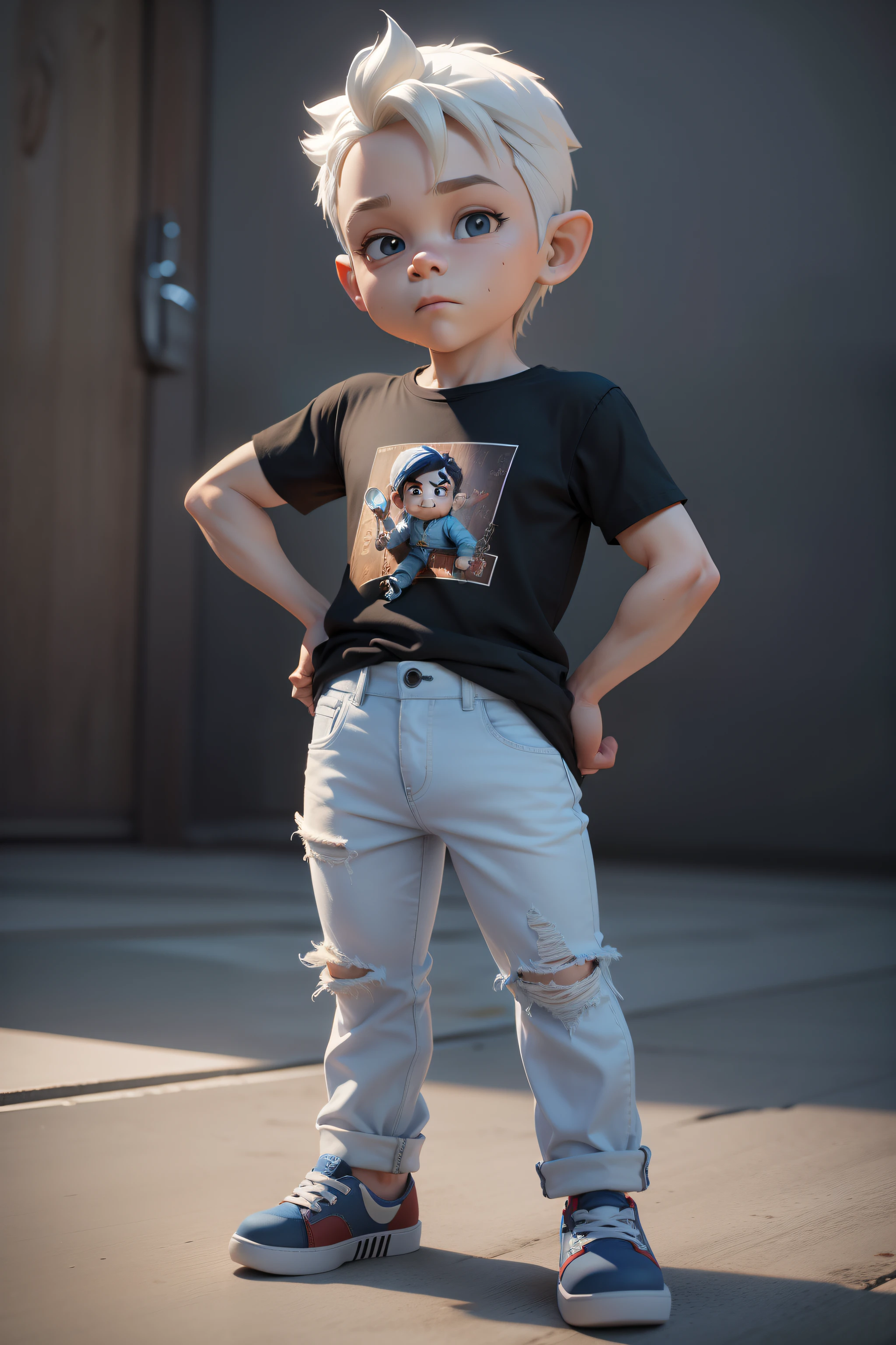 Pixar Style 3D Dwarf Skinny Boy with White Social Shirt, Denim Jeans Pants, sapatos pretos, tocando baixo