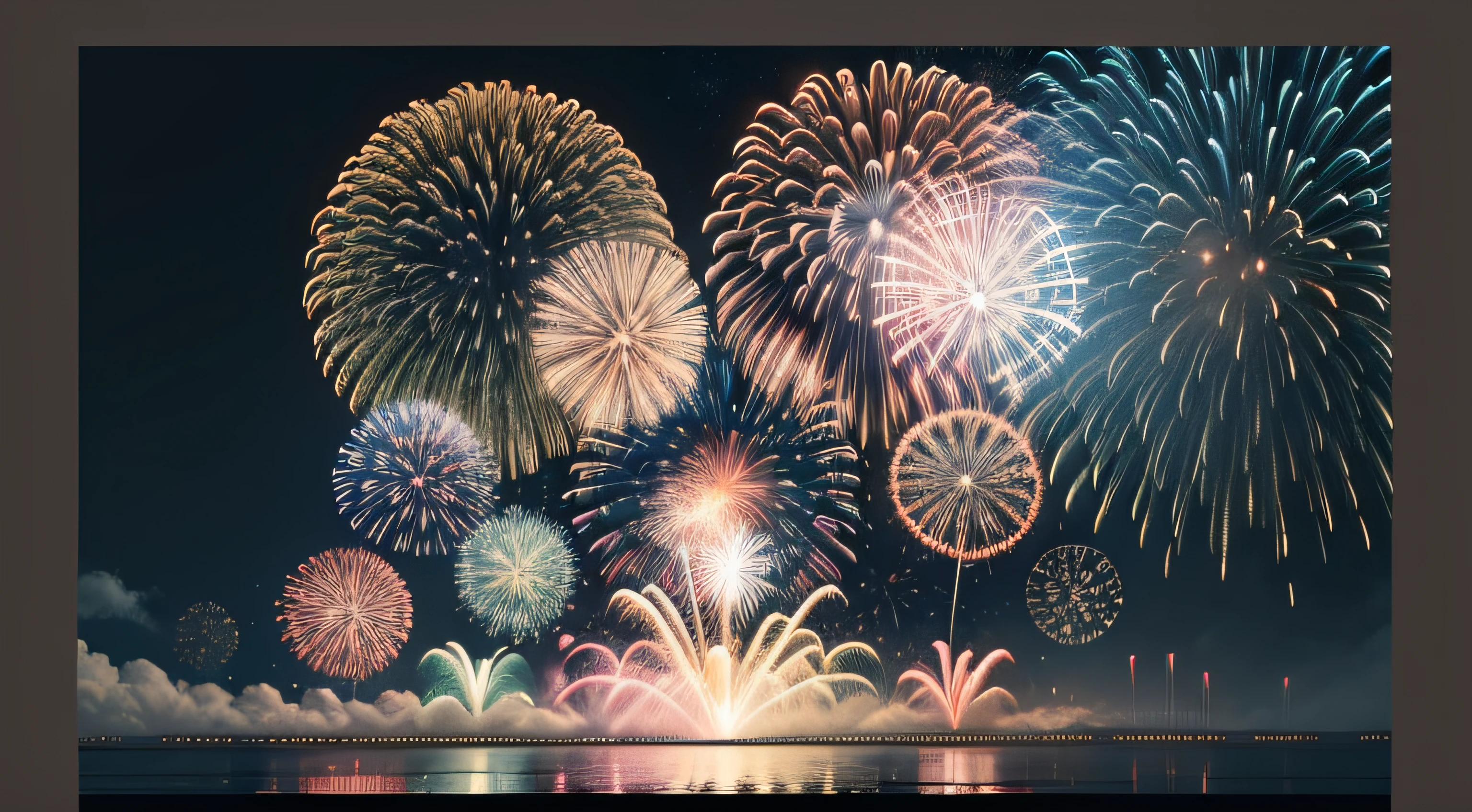 Put on fireworks、Black background、8K、top-quality、realisitic、Delicate fireworks、Only fireworks、Only the sky、Fireworks of the same size、Horizontal row