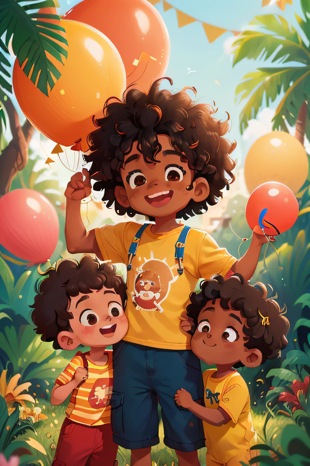 A boy with a zoo, many balloons, feliz, feliz, qualidade perfeita, foco claro (mess-house: 0.8), (obra-prima: 1.2) (Realista: 1.2) (Bokeh) (Melhor qualidade) (Pele detalhada: 1.3) (Detalhes intrincados) (8K) (Olhos de detalhe) (foco nítido), (Feliz), achos, afro encaracolado, cabelo curto escuro, sorrindo, curly middle part haircut, Young Child, menino africano de pele ESCURA, cabelos negros cacheados