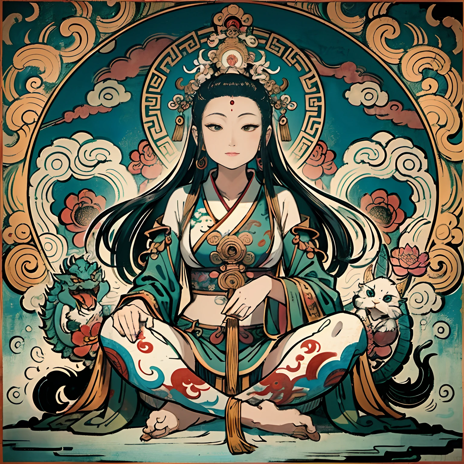 an ancient Chinese goddess, guanyin of the southern seas, Guanyin, Inspired by India, Avalokiteshvara Bodhisattva Dragon，,Serene expression,shui mo hua,Buddha,Buddhist,Lotus,Chinese painting style,Thangka style