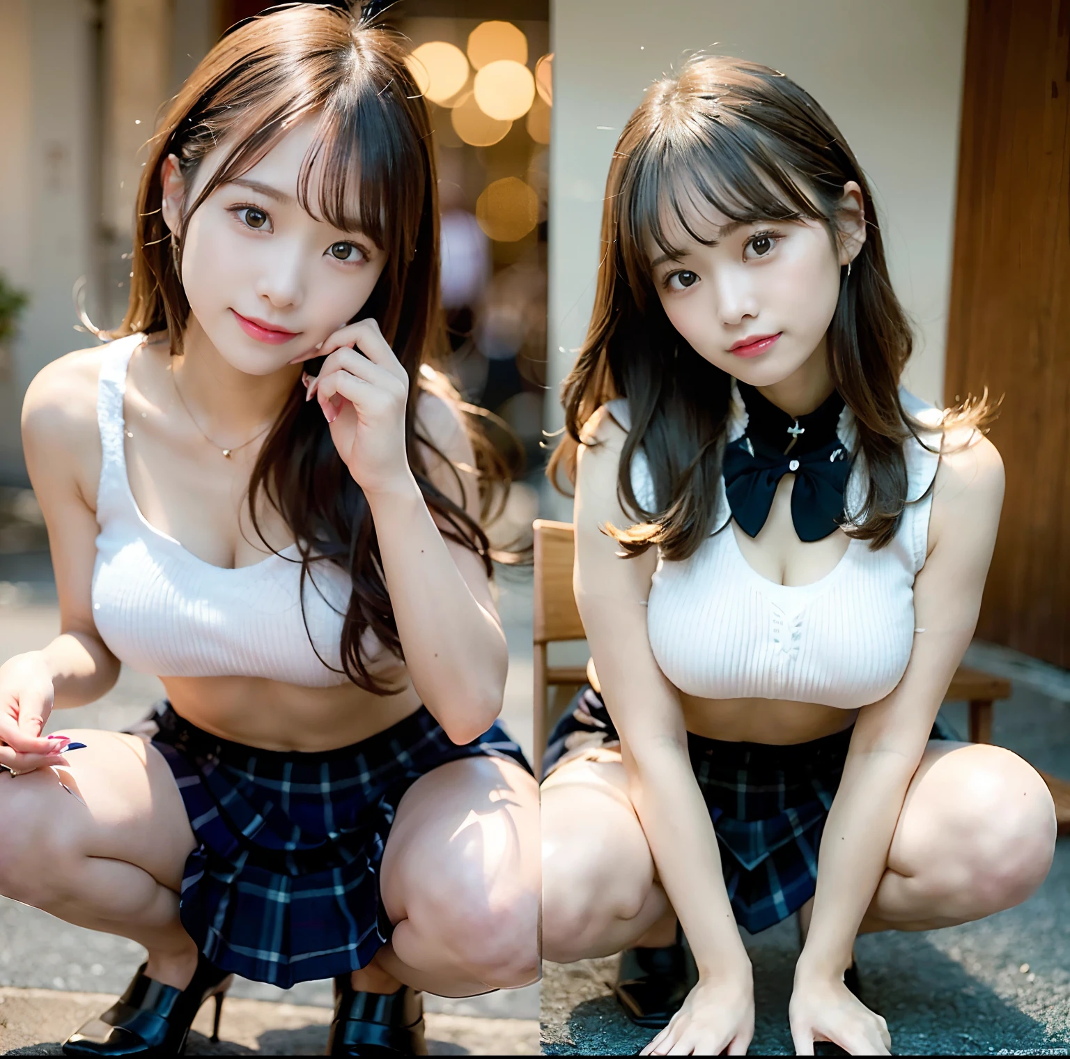ulzzang -6500-v1.1、(top-quality、​masterpiece)、(Raw foto:1.2)、(Photorealsitic:1.4)、top-quality、masters、illustratio、an extremely delicious and beautiful、extremely details CG、Unity、8k wallpaper、astonishing、finely detail、Master's masterpieces、best qualtiy、Official art、extremely detailed CG unified 8k wallpaper、huge filesize、ighly detailed、Single girl in high resolution、(Completely next to each other without separating people), (There is no limit to one work), Teens to 20s、(Representation of the human body based on accurate anatomy)、 intricate detailes、((Japan schoolgirl in short skirt in uniform.)), (Neat white sleeveless knit and super mini navy blue pleated skirt), bionde、((large full breasts))、(Women with big breasts), (Sleeveless knitwear is large and braless, So it's cramped),、(skinny thigh)、Very beautiful eyes、Bright ultramarine eyes、(Detailed pupils that reflect light)、(The iris of the eye is painted with fine patterned details)、Natural Eyeshadow、Drawing realistic shadows on the body assuming a light source., Cute girl and mature beauty、Whitening skin、a baby face、(Before and after standing々Pose, Squatting, or sleeping)、Poses that emphasize the buttocks、red blush、I don't want to hide my ass、an ecstatic look on one's face, troubled look, ssmile、Many races、Show off your plump buttocks、Who wants to show off their butt、(Twisting the skirt), I can see panties, (Pink Panties), (Sit and open legs), ((Fold your middle and ring fingers to touch your panties)), bare butts、Backward posture, (Any pose, Because the skirt is constantly twisted by the wind or hands、Pants and buttocks are perfectly visible.), NSFW、Beautiful garden with flowers、Clear sunshine、a short bob