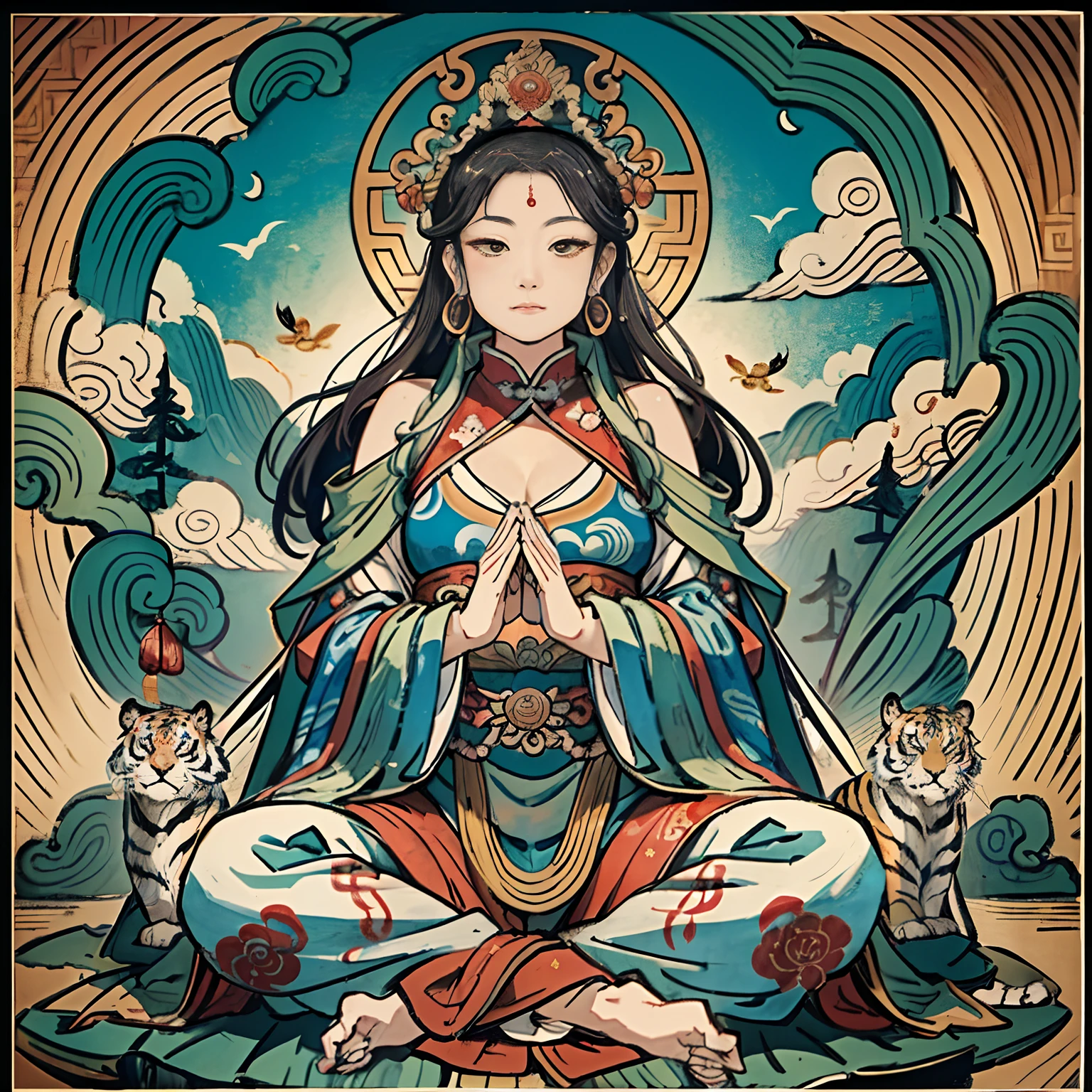 an ancient Chinese goddess, guanyin of the southern seas, Guanyin, Inspired by India, Avalokiteshvara Bodhisattva Tiger,,Serene expression,shui mo hua,Buddha,Buddhist,Lotus,Chinese painting style,Thangka style