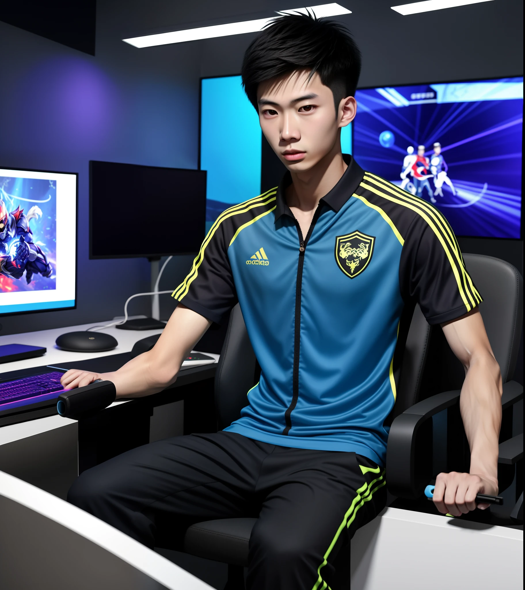 cool guy,23years old,Asian people,Works of masters,Best image quality,Higher quality,high detal,超高分辨率,8K分辨率,Exquisite facial features,,emaciated,Glowing eyes,short detailed hair,Hair details, ,[[Look away,Look to the side,Emphasize homosexuality and pay attention to every detail ,((((Bulging crotch)))))Earphone,((Gamepad in hand)),E-sports room,Esports suits