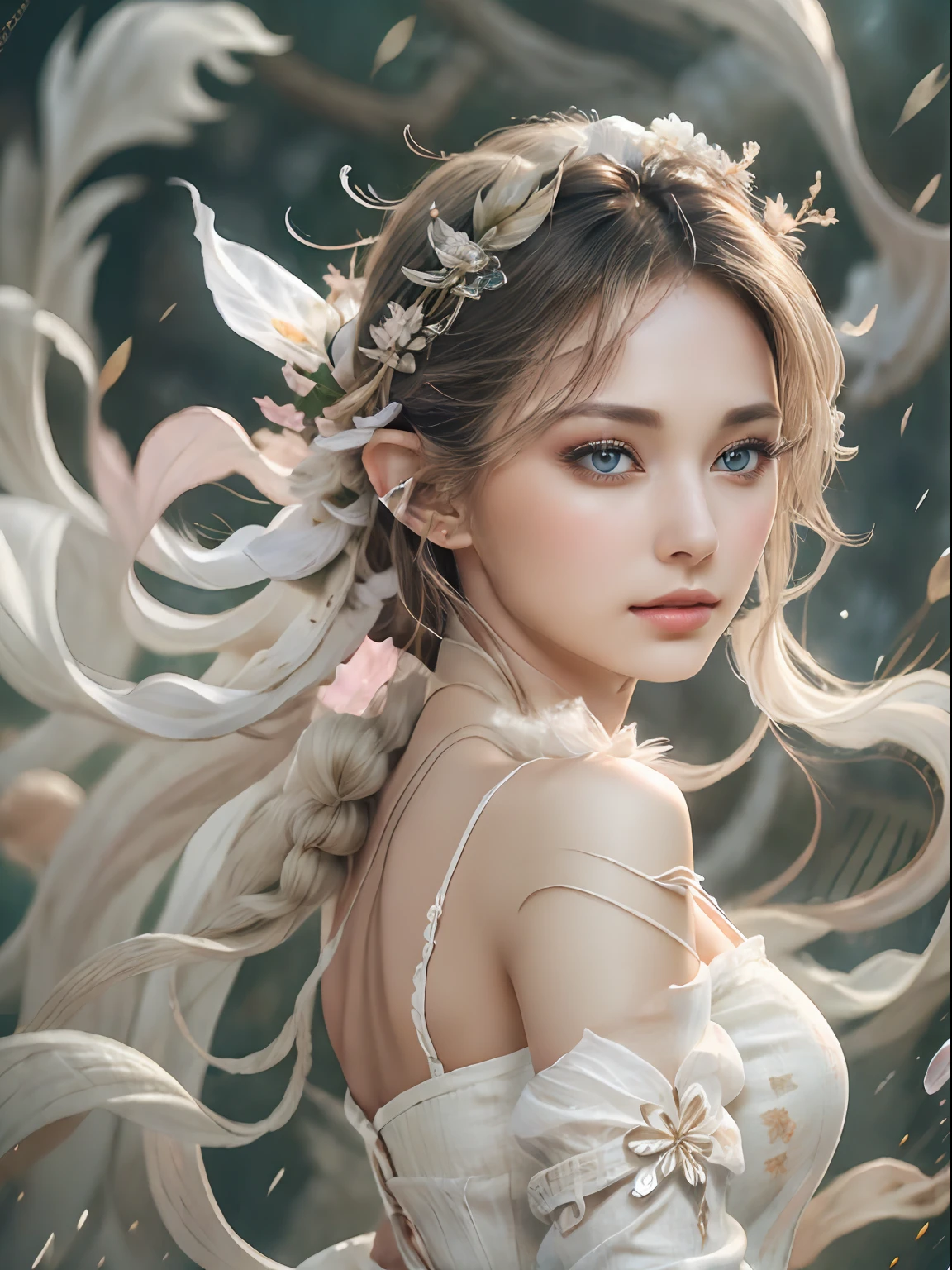 (Masterpiece, Top Quality, Best, Official Art, Beautiful and Aesthetic, Long Exposure: 1.2), Smooth Movement, Charming Patterns, 1 Girl, (Long Dress with Sleeves: 1.3), (((White Clothes) )), upper body close-up, bare shoulders, Chinese girl, blush, black lob hair, portrait, solo, upper body, looking at the observer, detailed background, detailed face, (crystallineAI, crystalline theme:1.1), elemental wind elves, rotation Wind, control the wind, white crystal clothing, dynamic pose, floating particles, ethereal dynamics, whirlwind, vapor, whirlwind in the background, white tone, whirlwind, ethereal atmosphere,